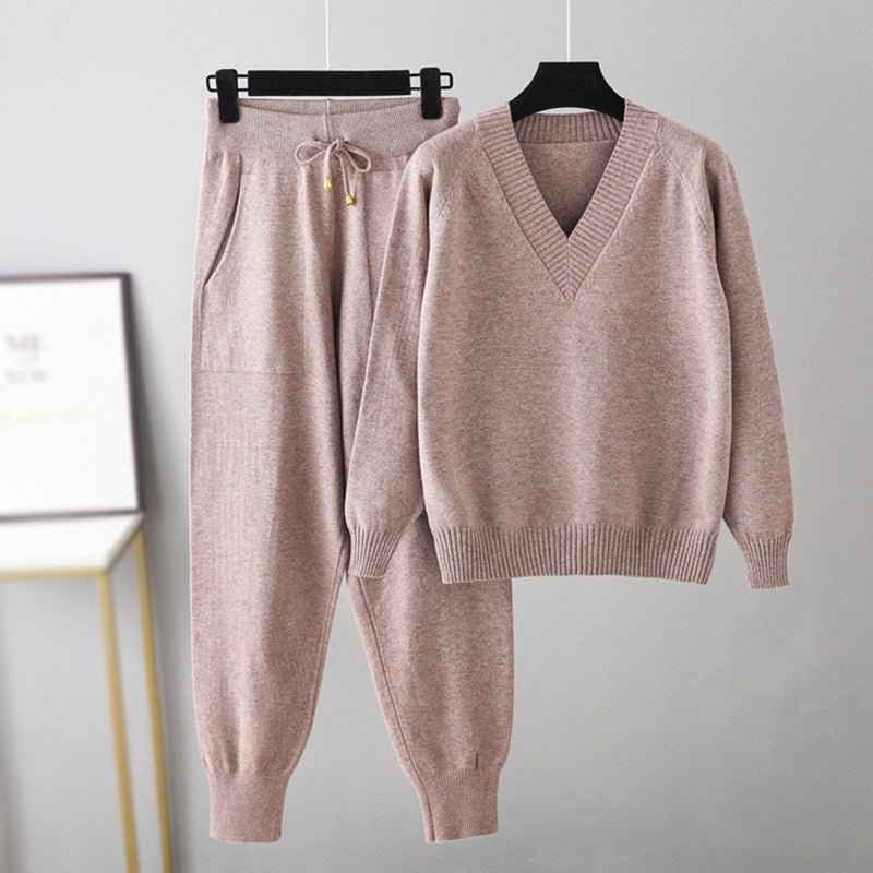 Women's Knit Loungewear Set with V-Neck Sweater and Drawstring Jogger Pants