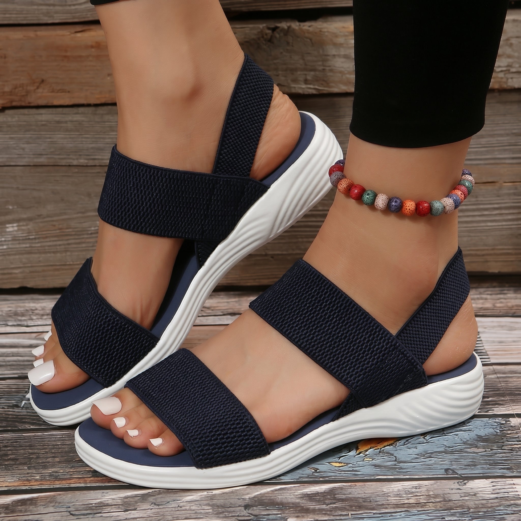 Amelie - Women's Orthopaedic Elastic Strap Sandals - Sandals - Navy Blue - Parker&Brooks