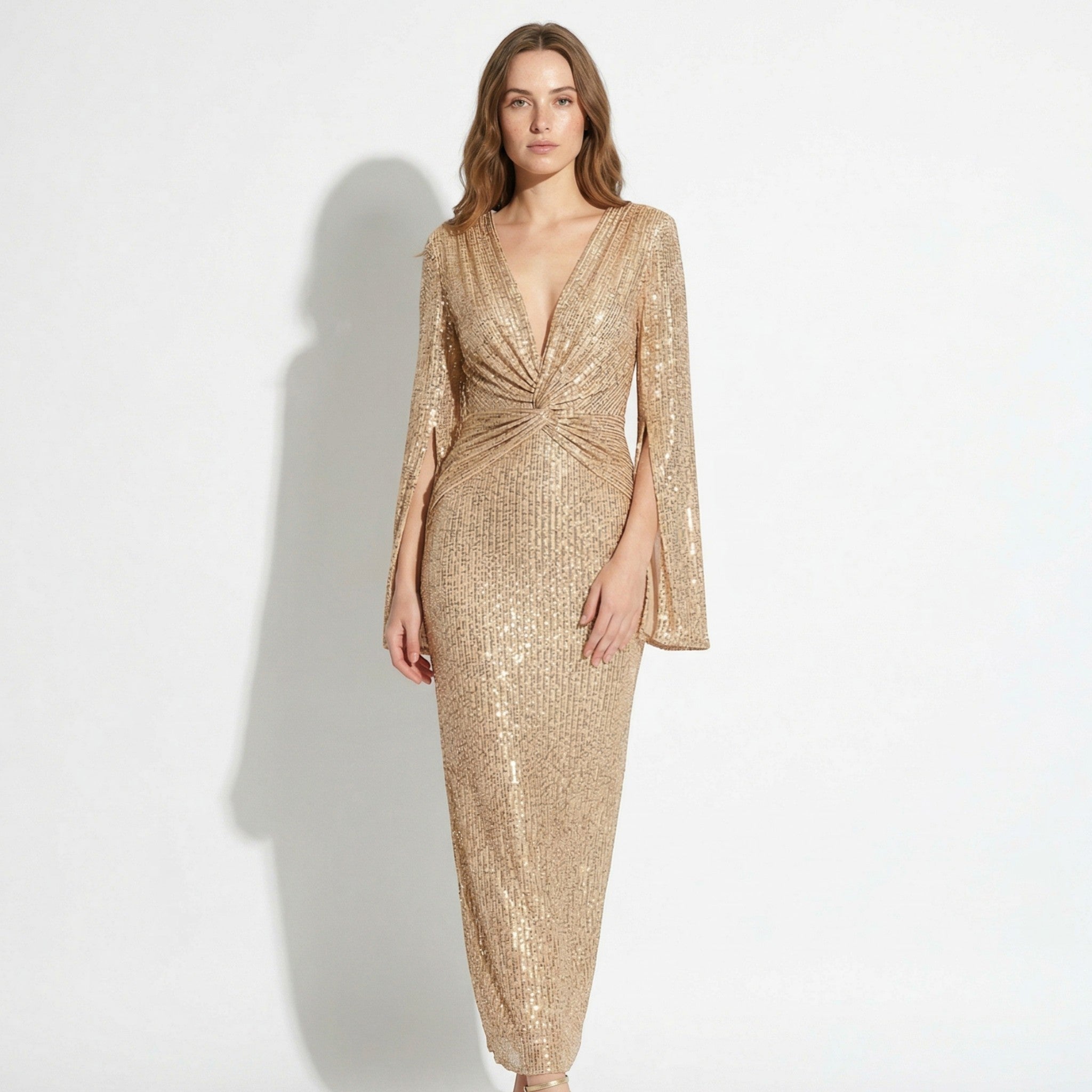 Anne - Women's Elegant Evening Sequin V - Neck Maxi Dress - Maxi Dresses - Gold - Parker&Brooks