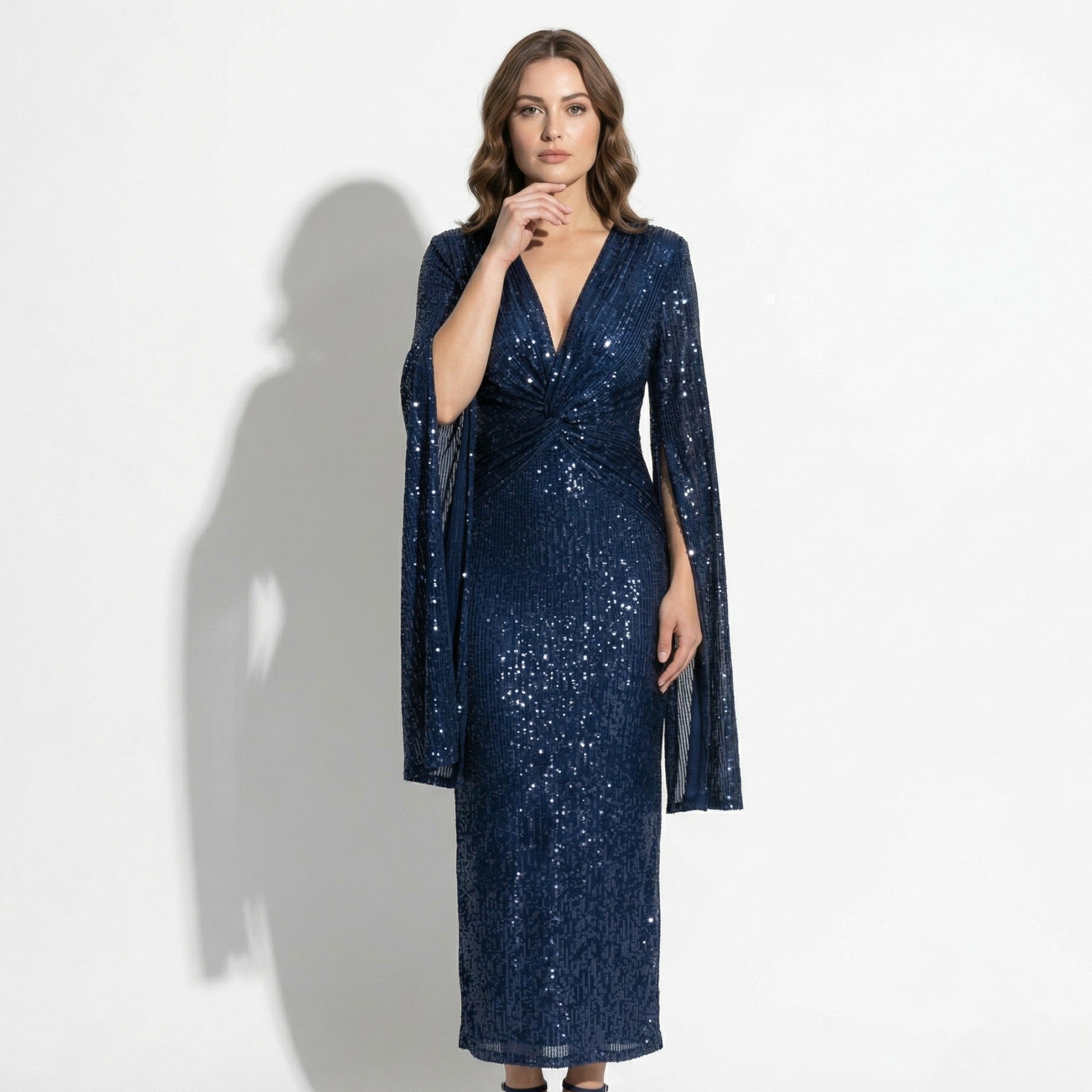 Anne - Women's Elegant Evening Sequin V - Neck Maxi Dress - Maxi Dresses - Navy Blue - Parker&Brooks