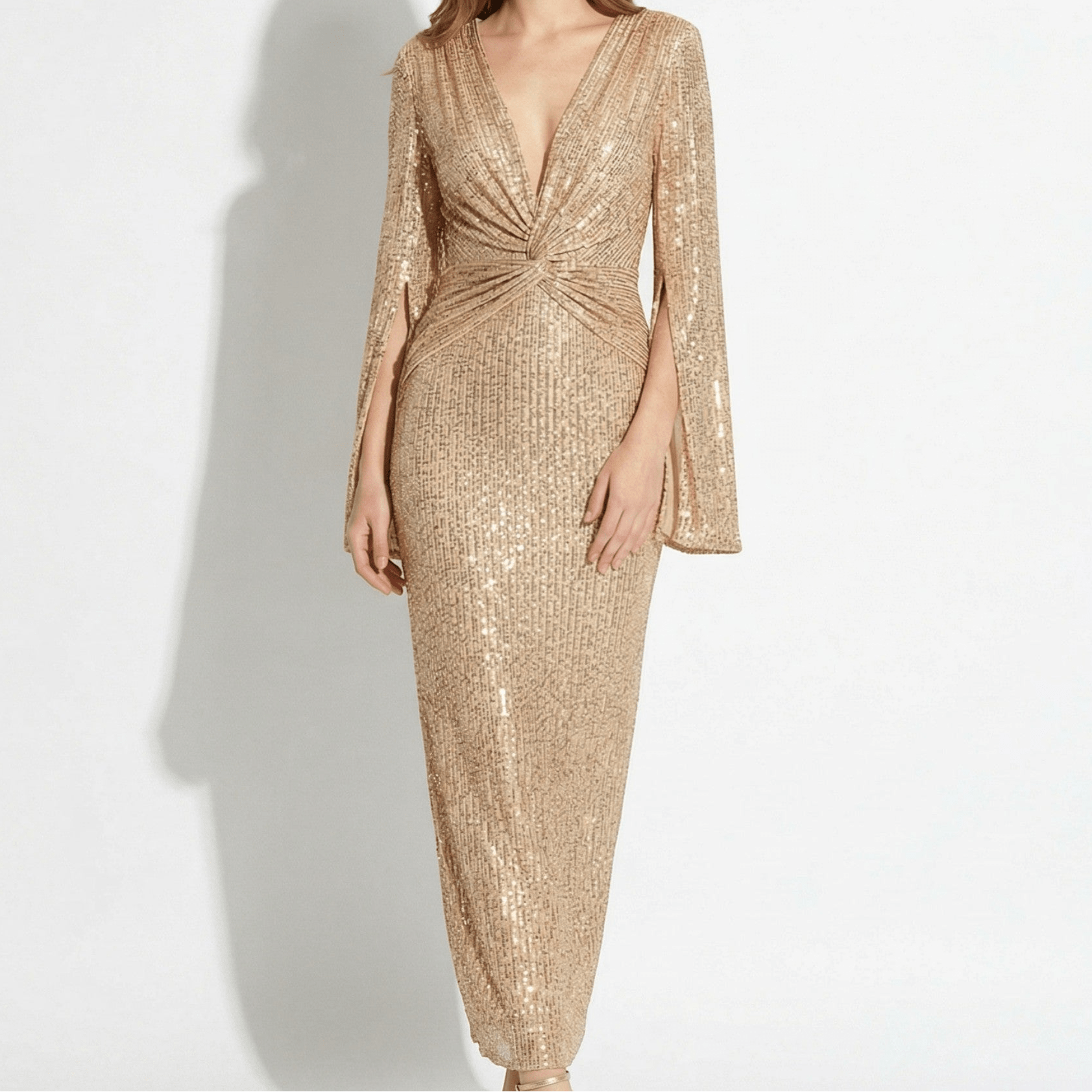 Anne - Women's Elegant Evening Sequin V - Neck Maxi Dress - Maxi Dresses - Gold - Parker&Brooks