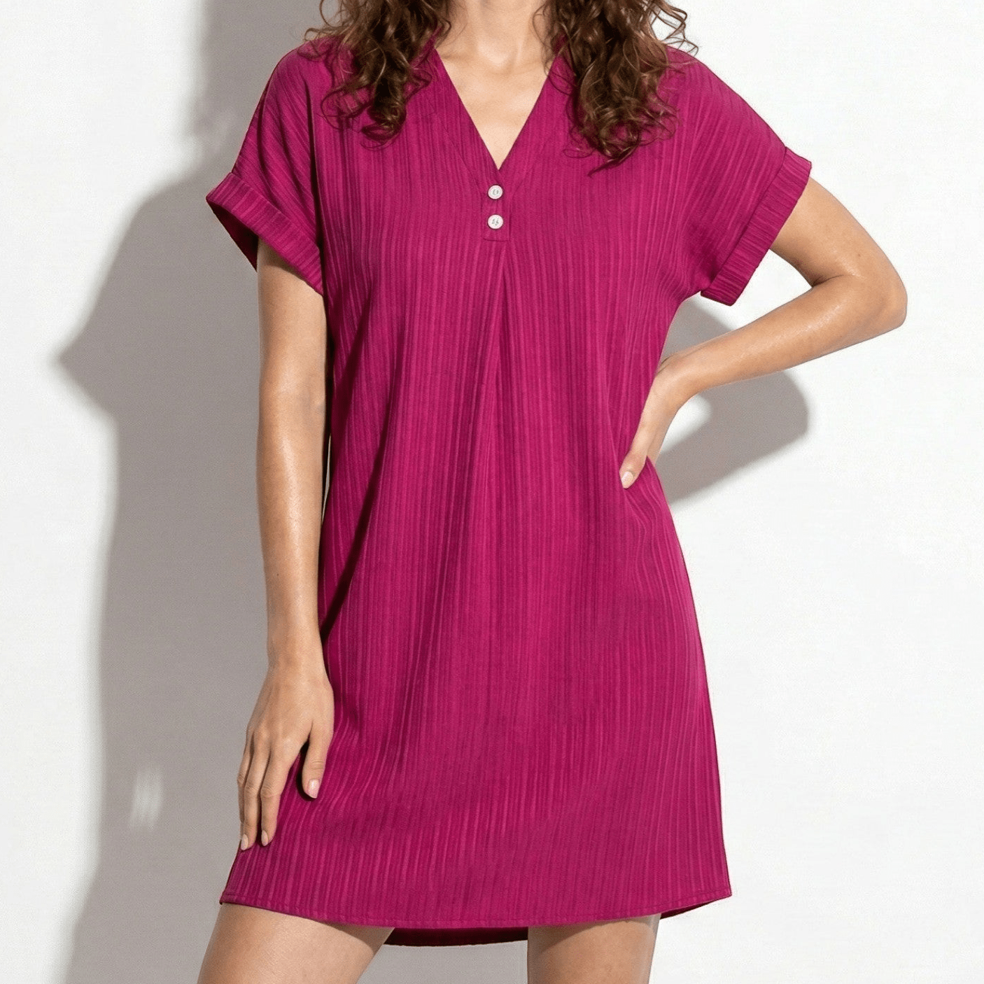 Anne - Women's Relaxed Fit Summer Ribbed Mini Dress - Mini Dress - Pink - Parker&Brooks