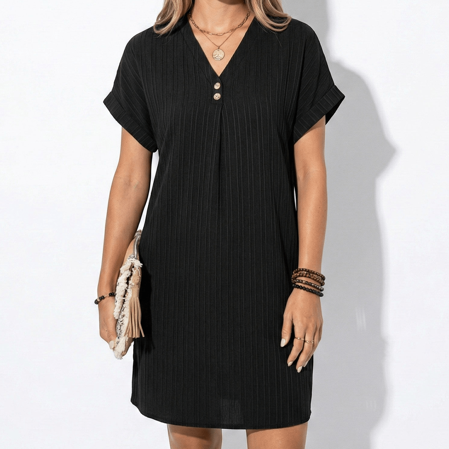Anne - Women's Relaxed Fit Summer Ribbed Mini Dress - Mini Dress - Black - Parker&Brooks