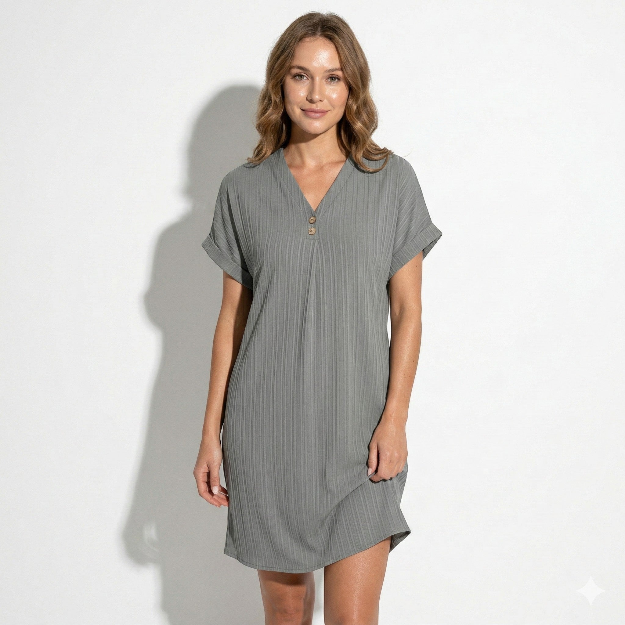 Anne - Women's Relaxed Fit Summer Ribbed Mini Dress - Mini Dress - Gray - Parker&Brooks