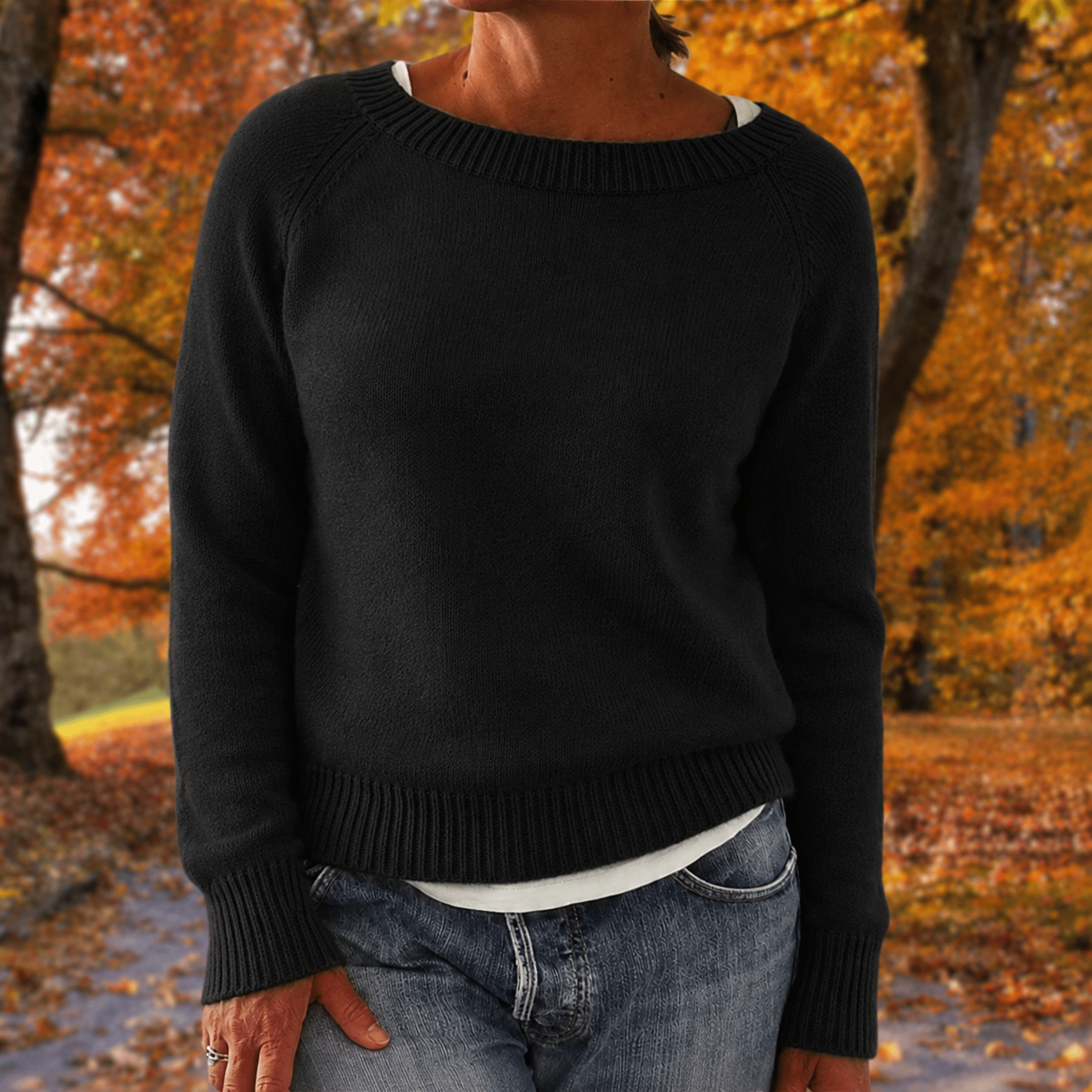 Anneliese - Women's Relaxed Fit Raglan Sleeve Sweater with Ribbed Trim - Sweaters - Black - Parker&Brooks
