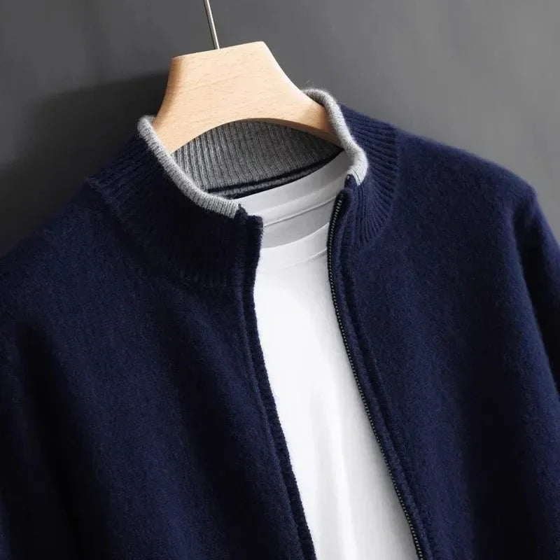 Men's Zip-Up Cardigan with Ribbed Collar and Soft Knit Texture