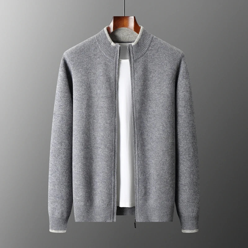 Men's Zip-Up Cardigan with Ribbed Collar and Soft Knit Texture