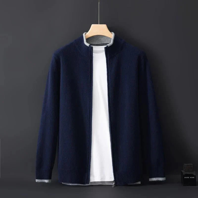 Men's Zip-Up Cardigan with Ribbed Collar and Soft Knit Texture