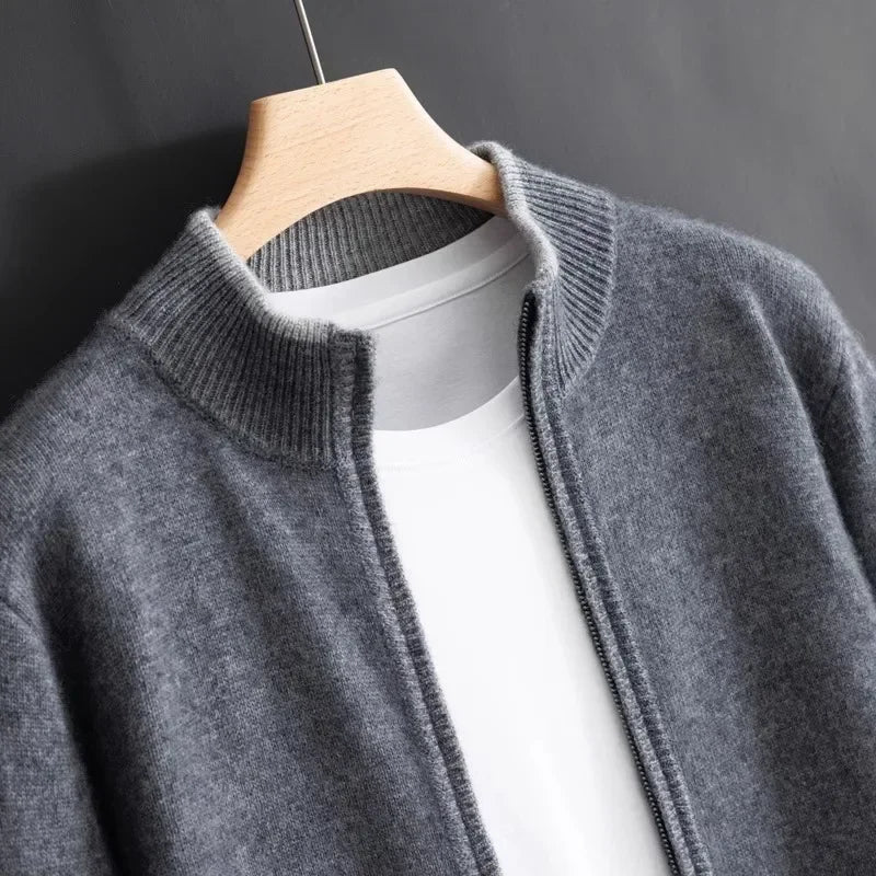 Men's Zip-Up Cardigan with Ribbed Collar and Soft Knit Texture