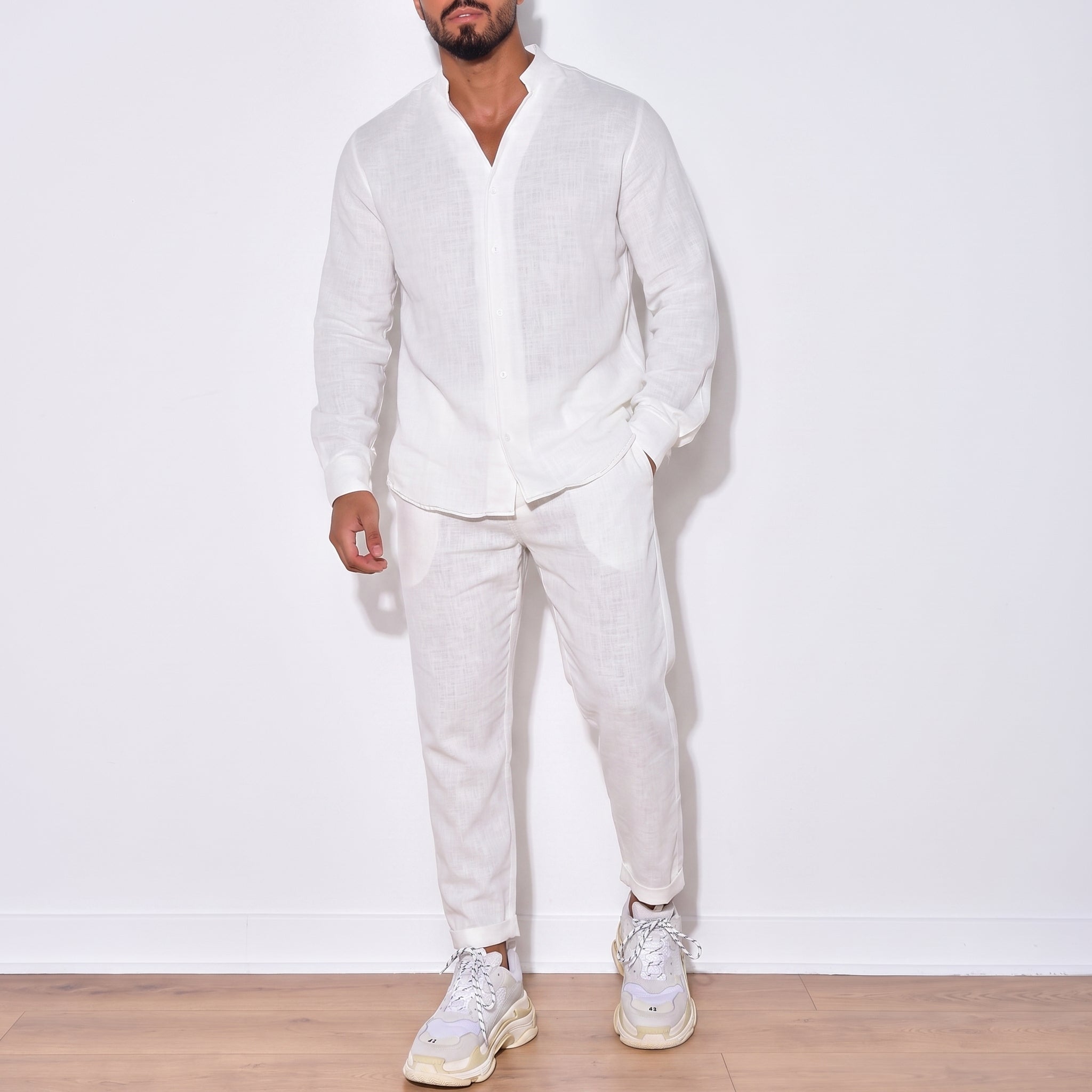 Arthur – Men's Grandad Collar Long Sleeve Shirt Co-ord Set - Outfit Sets - Beige - Parker&Brooks