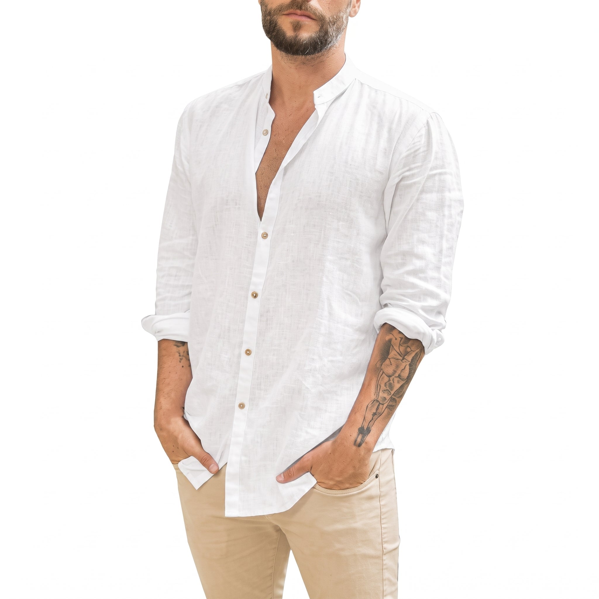 Arthur – Men's Relaxed Fit Mandarin Collar Long Sleeve Shirt - Shirts - White - Parker&Brooks