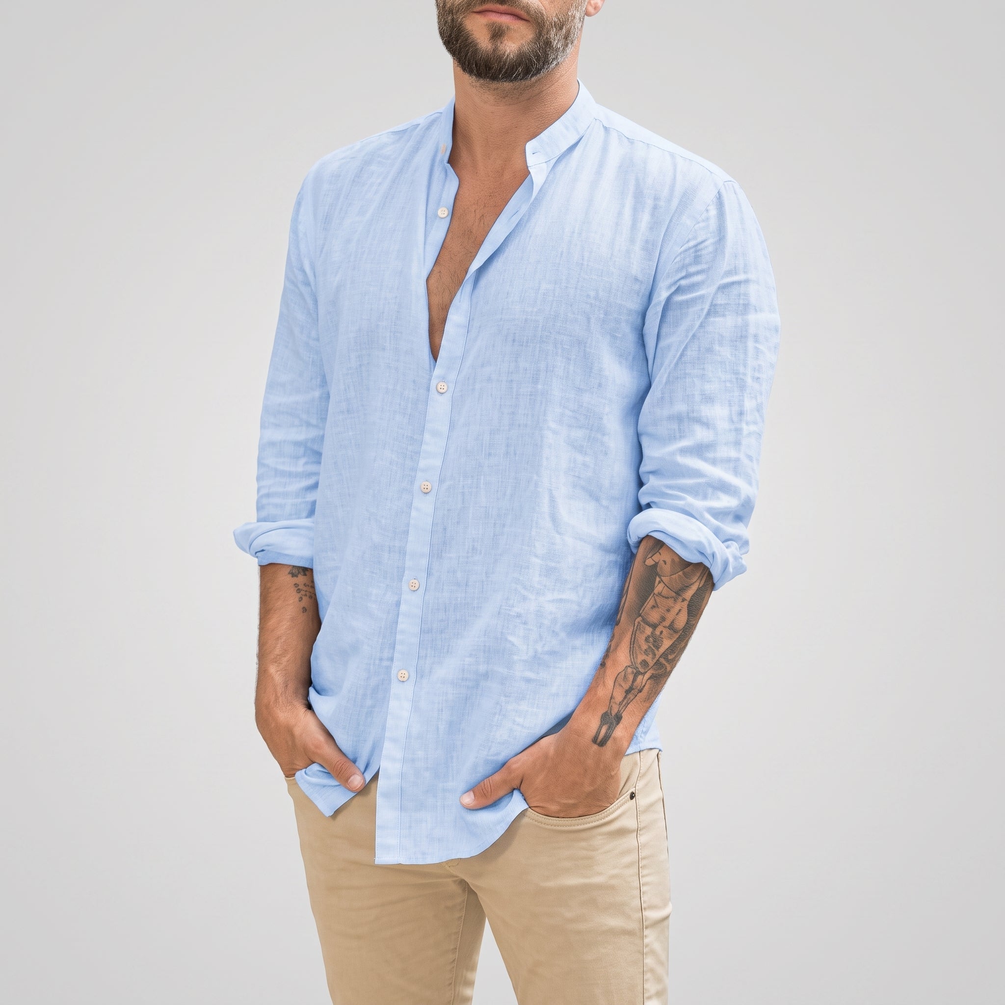 Arthur – Men's Relaxed Fit Mandarin Collar Long Sleeve Shirt - Shirts - Light Blue - Parker&Brooks