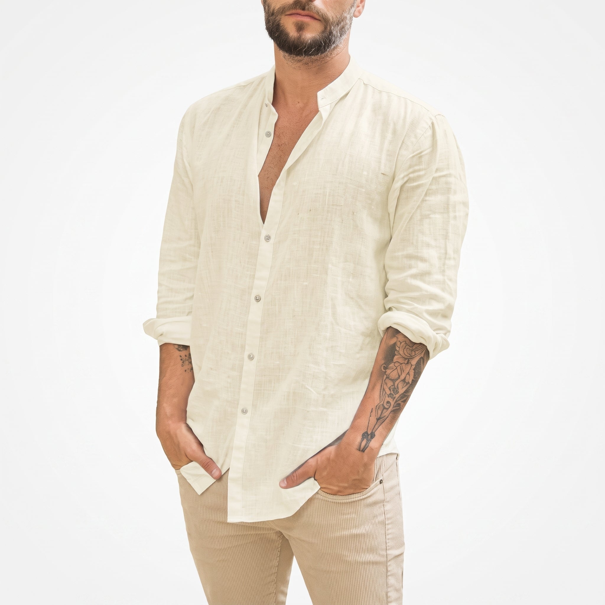 Arthur – Men's Relaxed Fit Mandarin Collar Long Sleeve Shirt - Shirts - Beige - Parker&Brooks