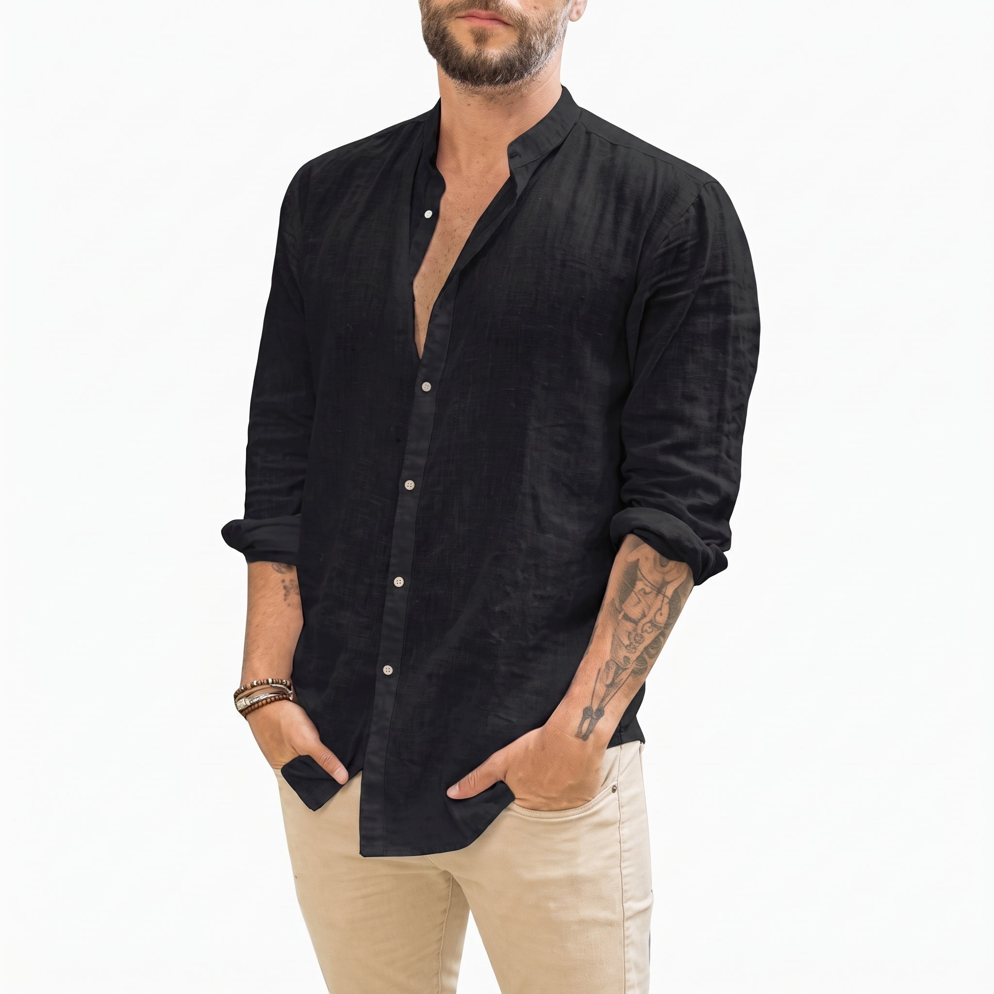 Arthur – Men's Relaxed Fit Mandarin Collar Long Sleeve Shirt - Shirts - Black - Parker&Brooks