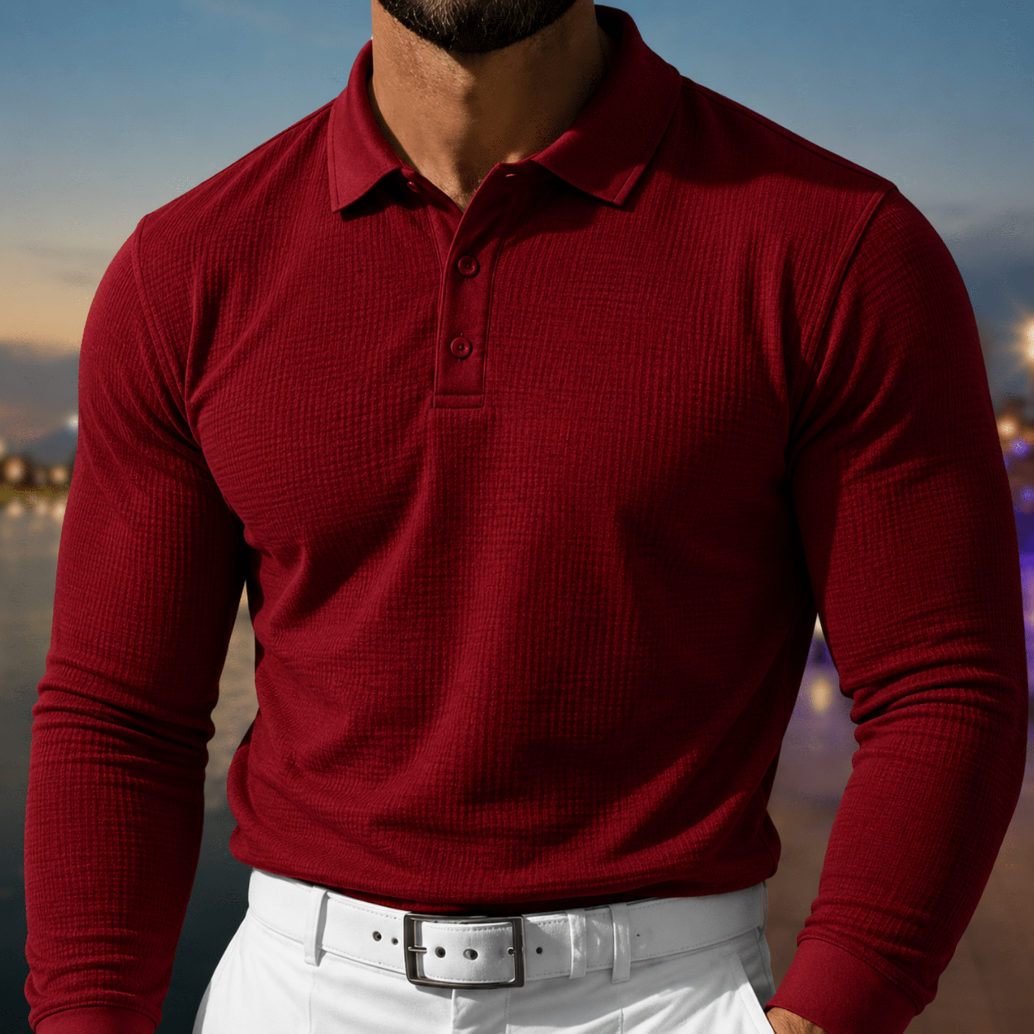 Arthur - Men's Slim Fit Textured Long Sleeve Polo Shirt - Polos - Red - Parker&Brooks