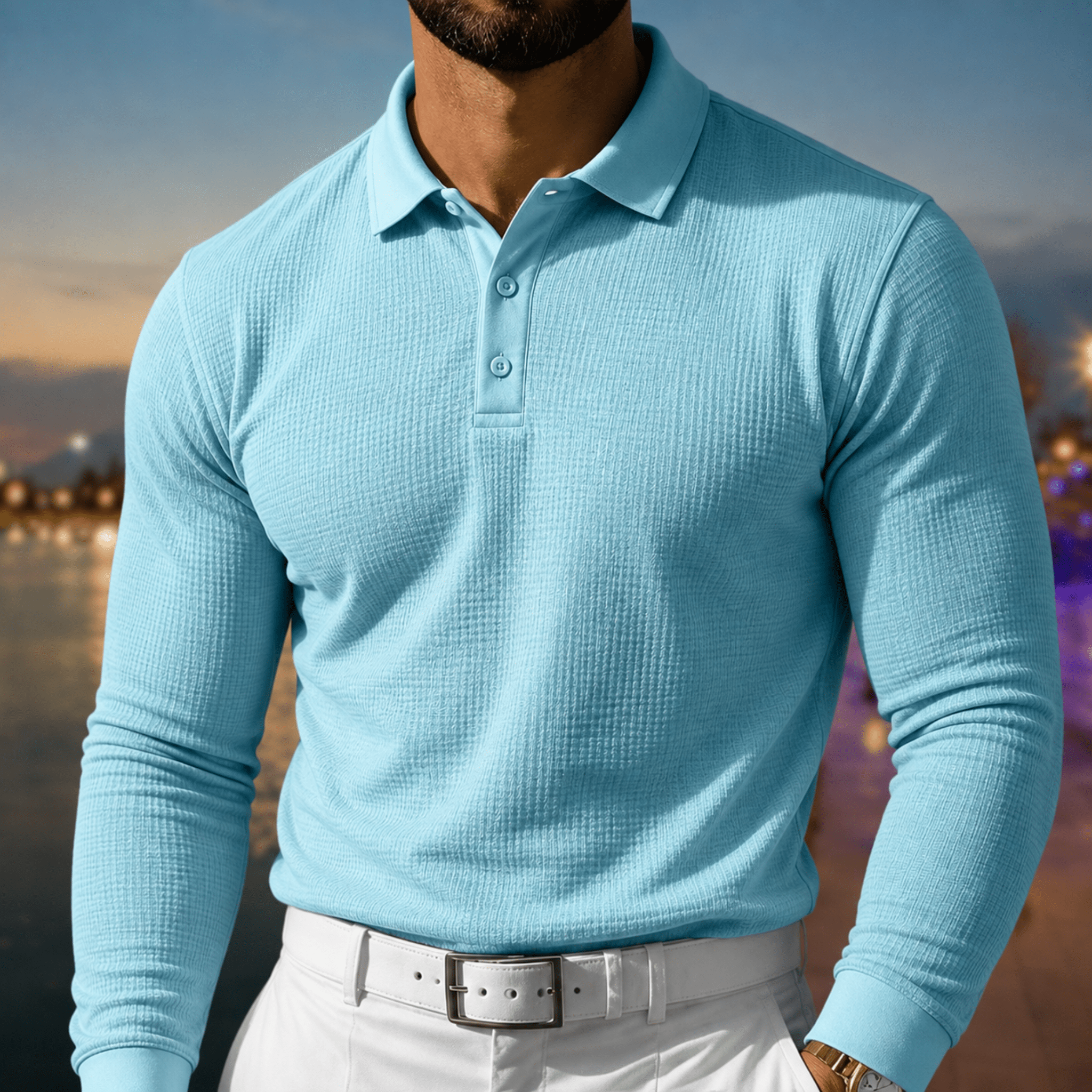 Arthur - Men's Slim Fit Textured Long Sleeve Polo Shirt - Polos - Light Blue - Parker&Brooks