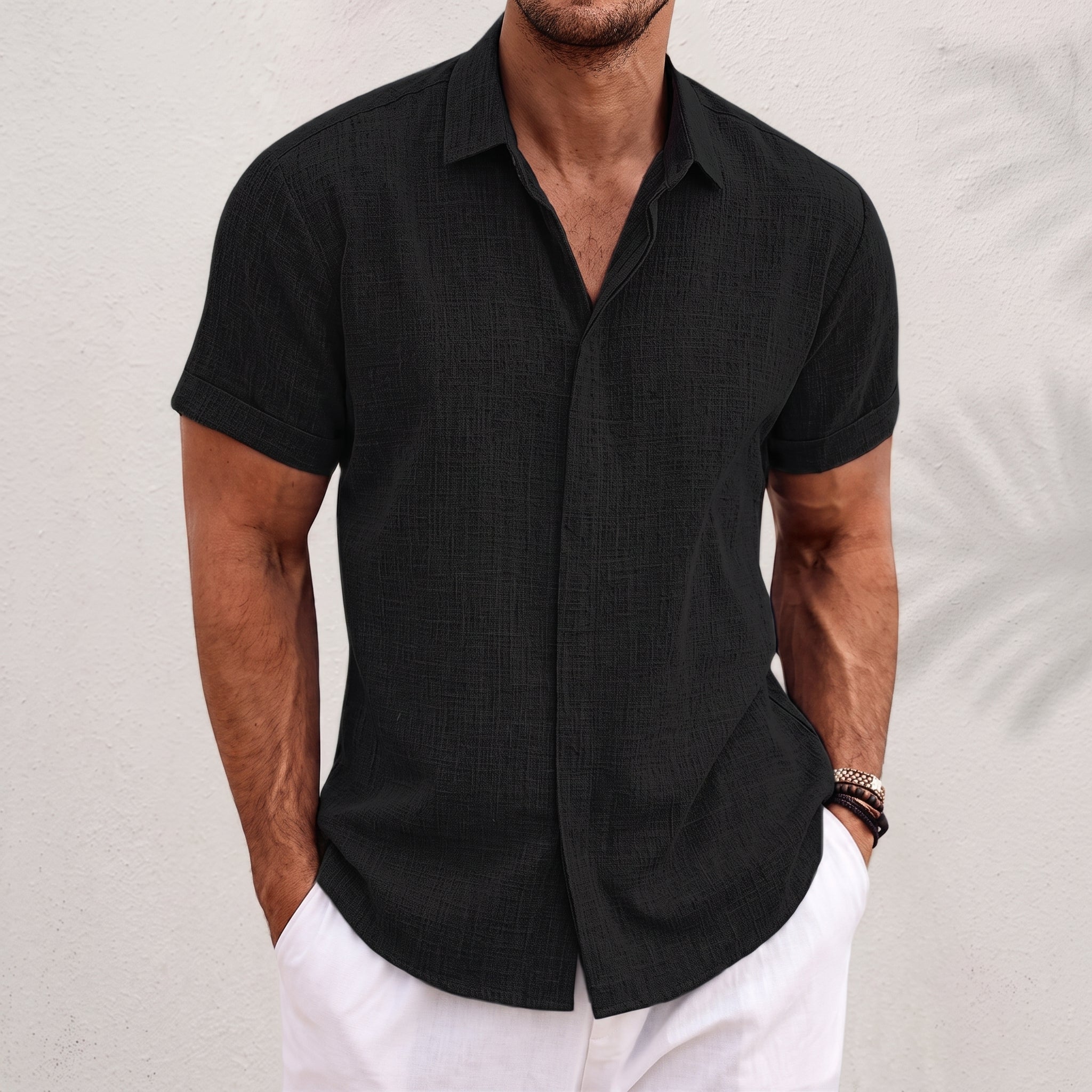 Arthur – Men's Summer Concealed Placket Short Sleeve Shirt - Shirts - Black - Parker&Brooks