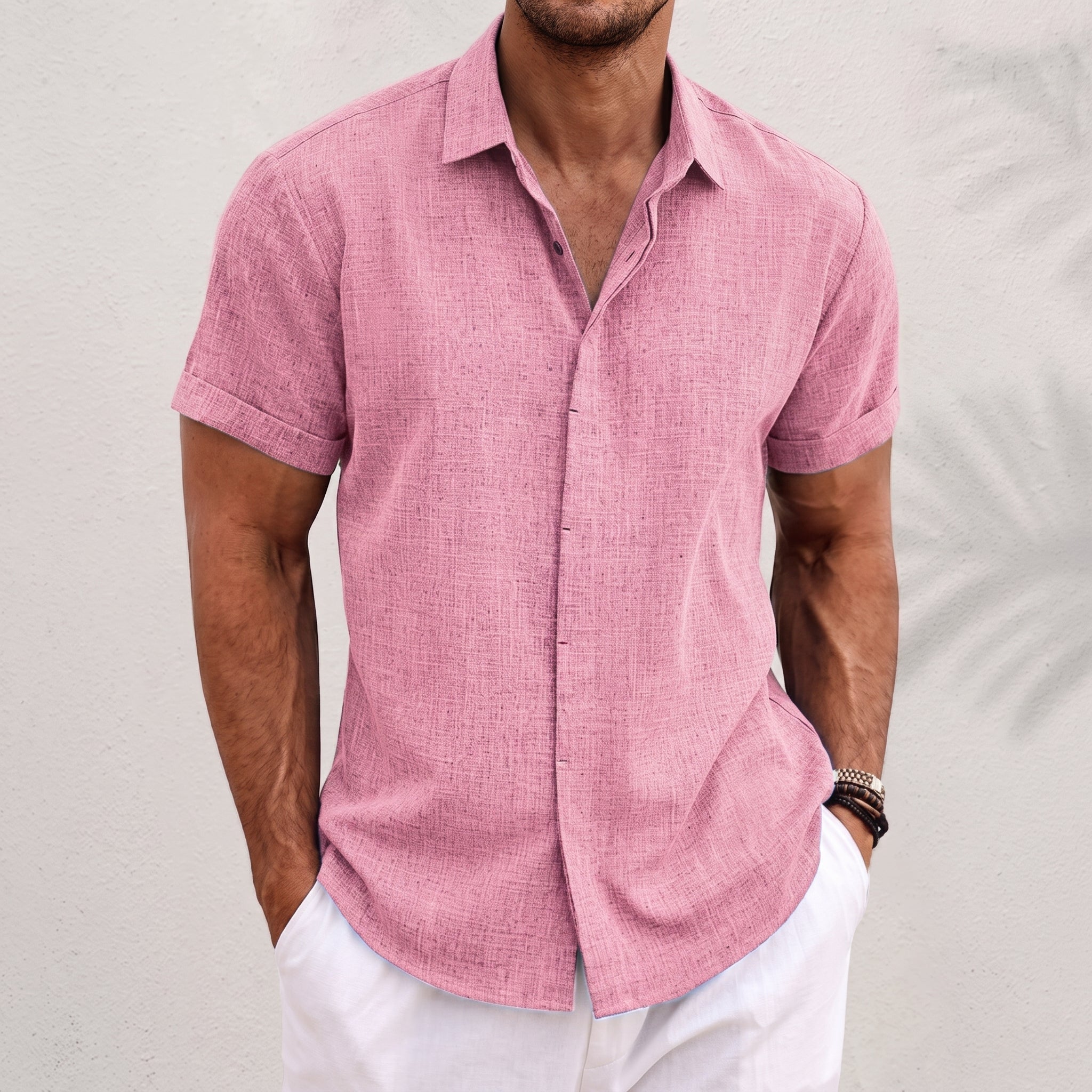 Arthur – Men's Summer Concealed Placket Short Sleeve Shirt - Shirts - Pink - Parker&Brooks