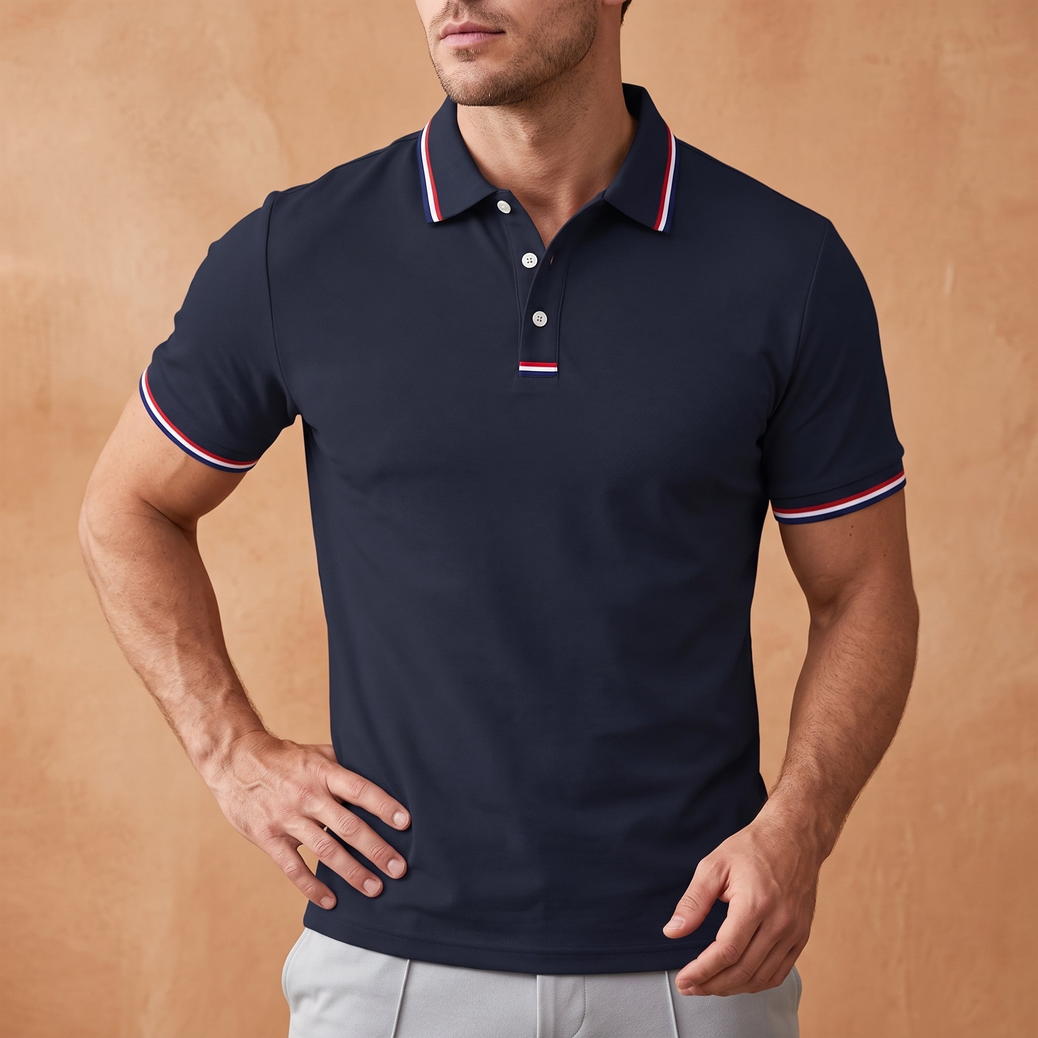 Arthur - Men's Summer Contrast Tipped Collar Polo Shirt - Polos - Navy Blue - Parker&Brooks
