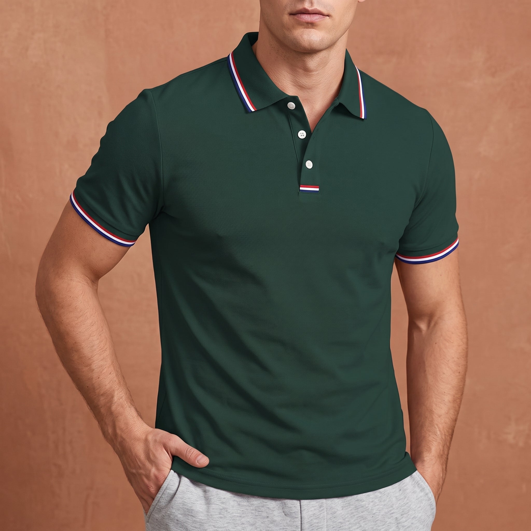 Arthur - Men's Summer Contrast Tipped Collar Polo Shirt - Polos - Army Green - Parker&Brooks