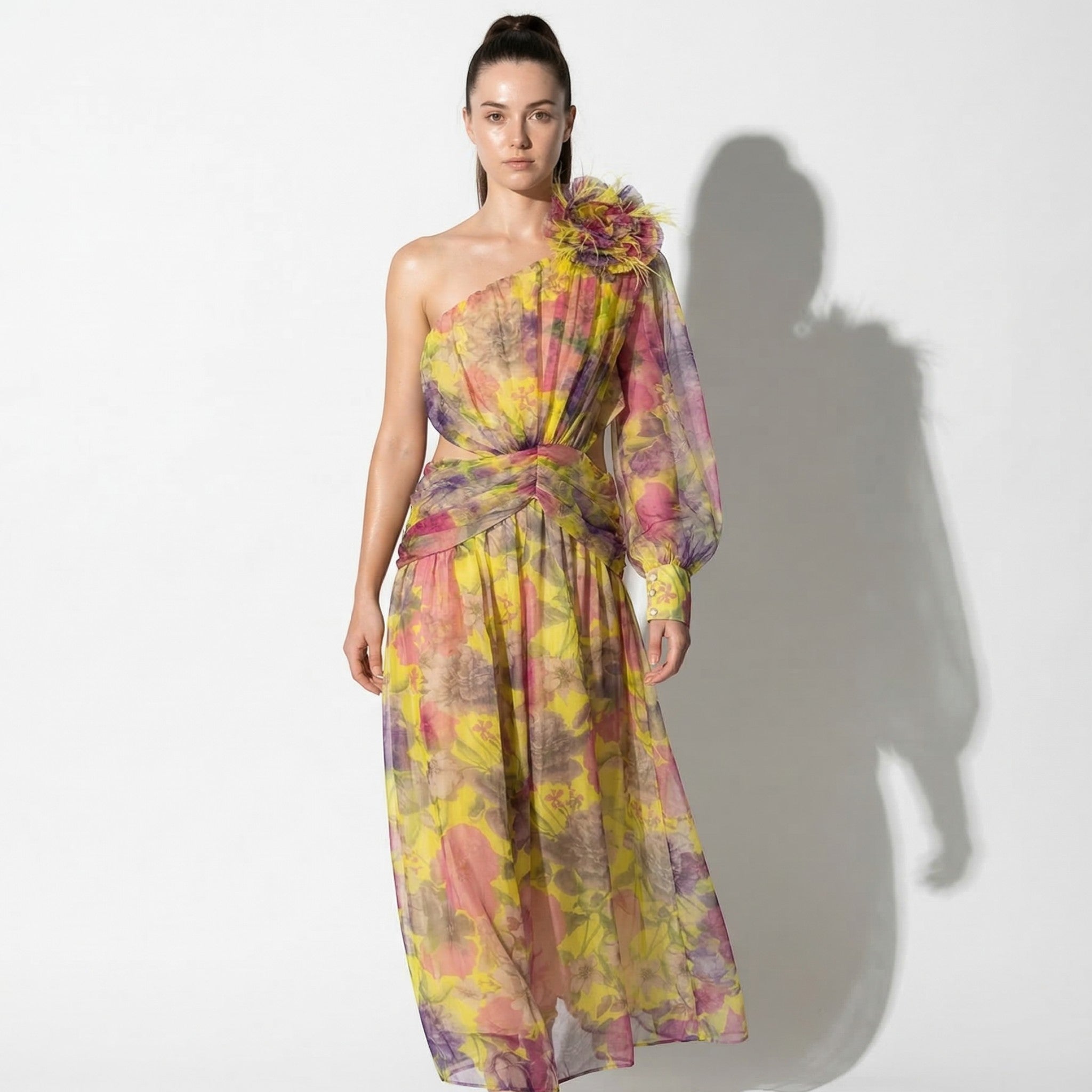 Women's Evening Asymmetric Floral Maxi Dress - Maxi Dresses - Yellow - Parker&Brooks