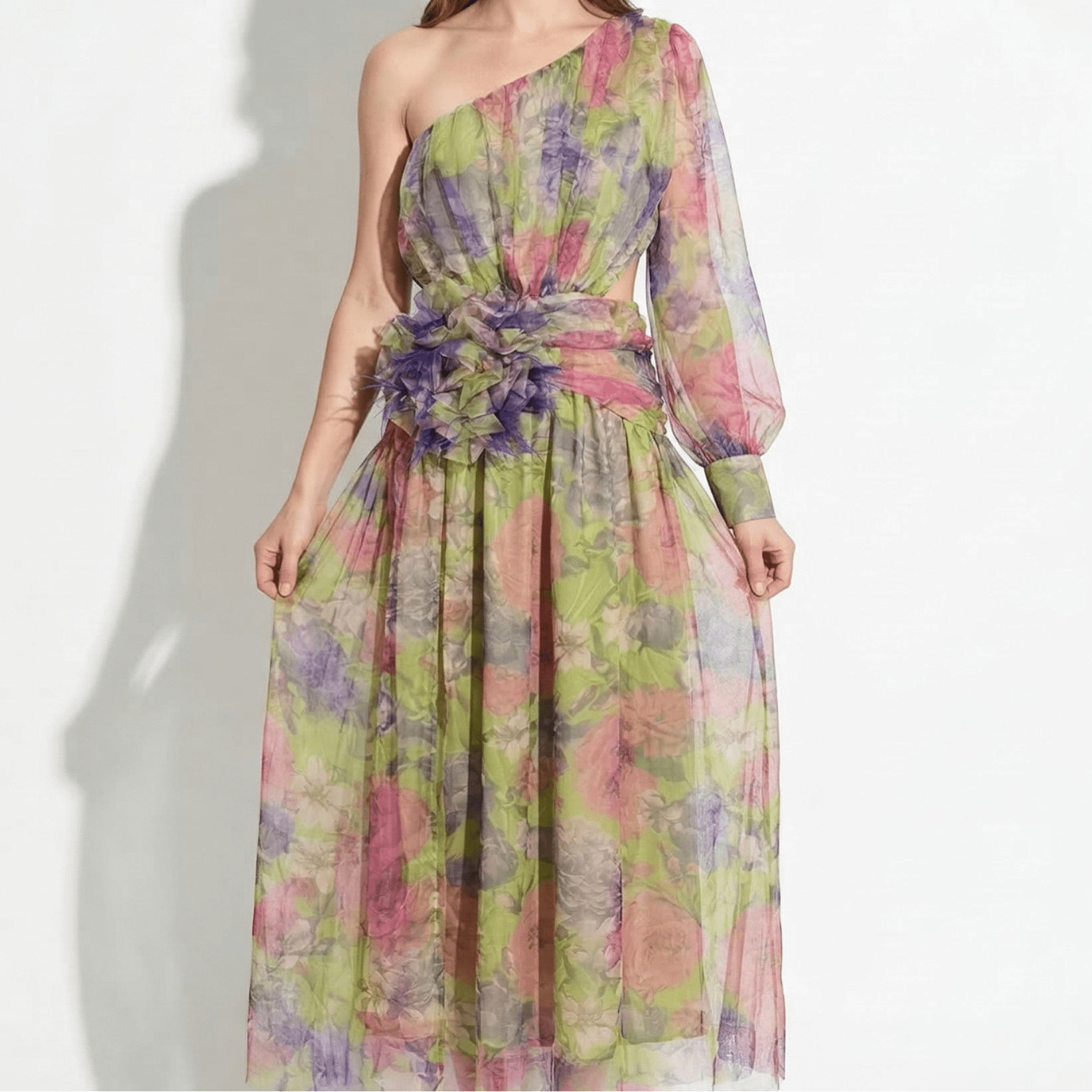 Women's Evening Asymmetric Floral Maxi Dress - Maxi Dresses - Green - Parker&Brooks
