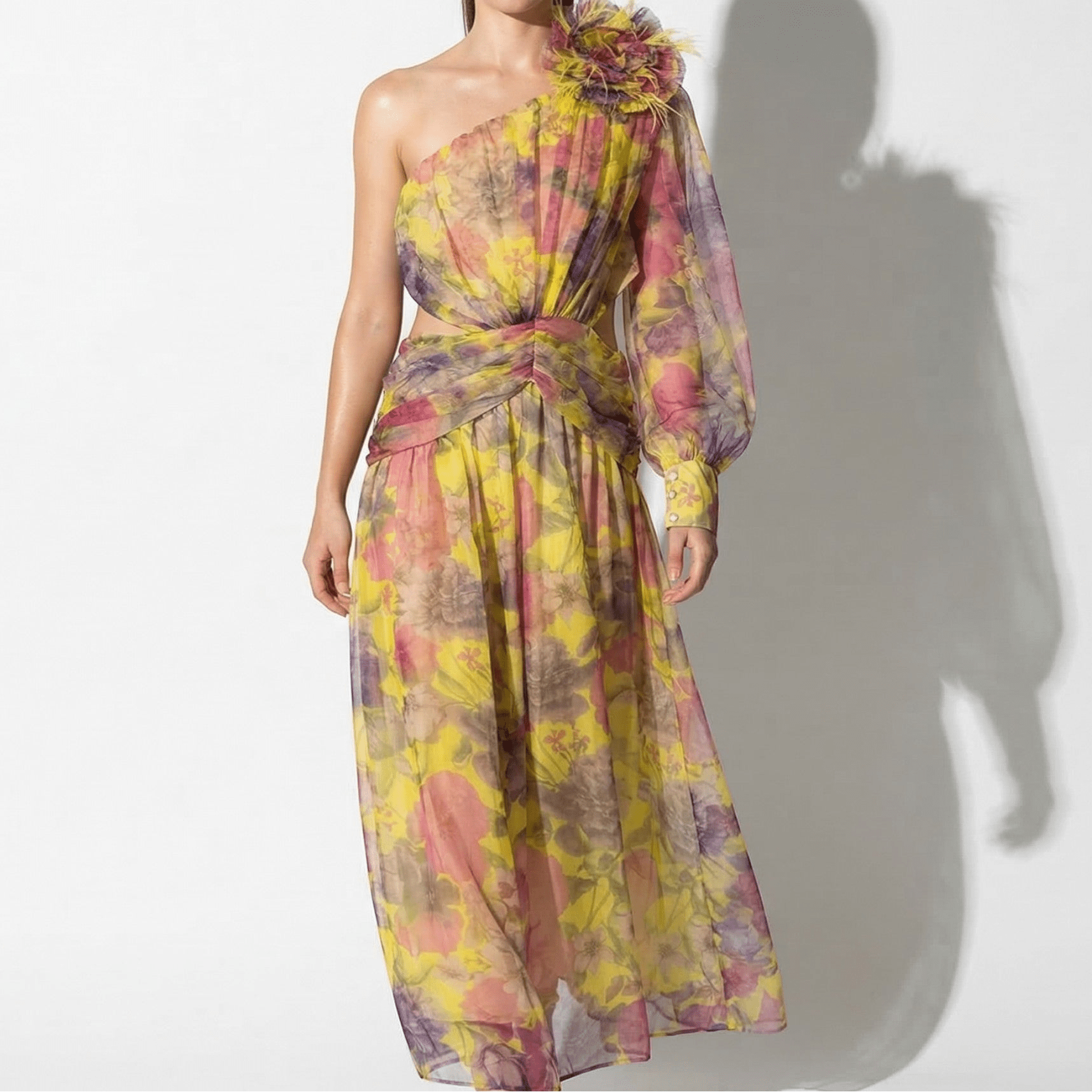 Women's Evening Asymmetric Floral Maxi Dress - Maxi Dresses - Yellow - Parker&Brooks