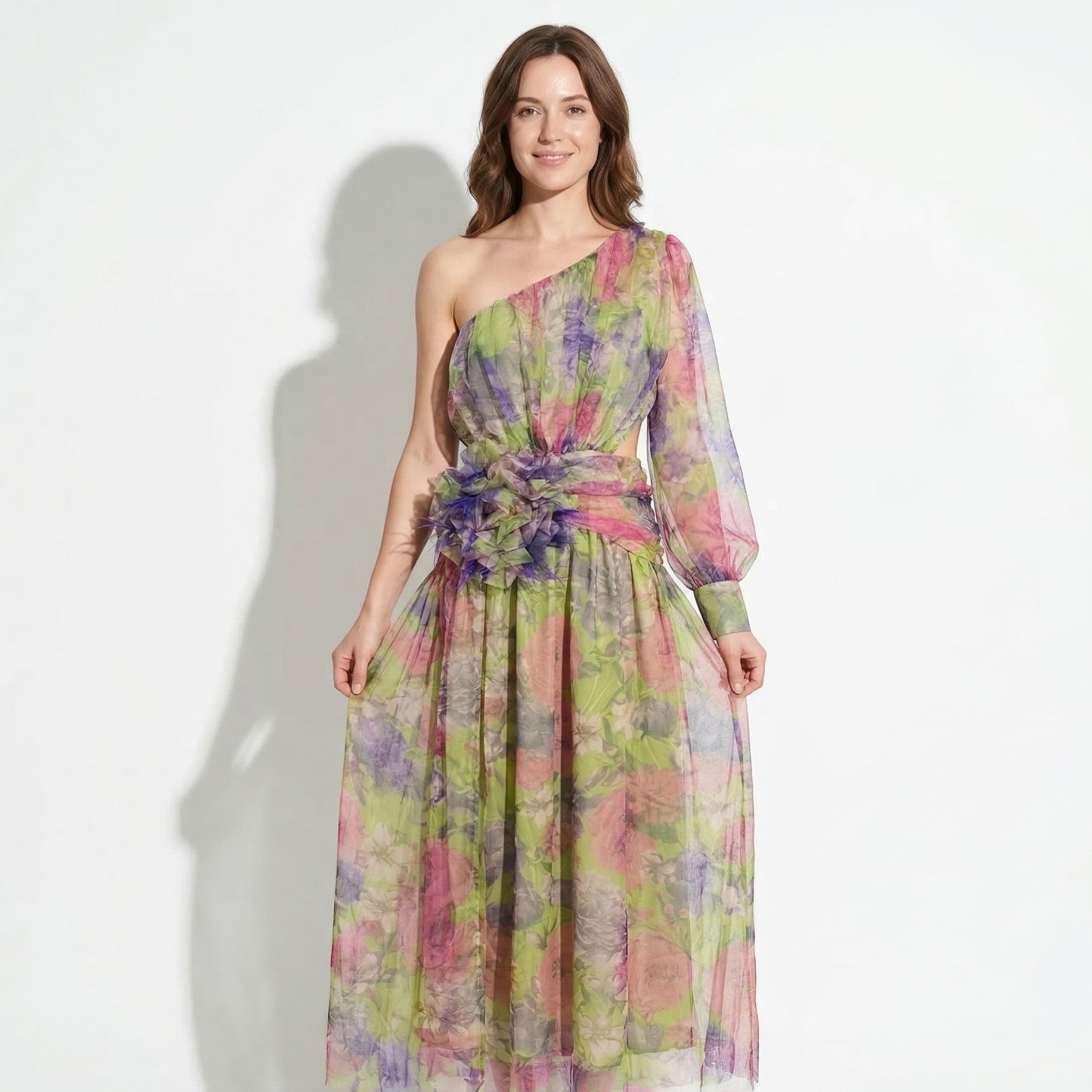 Women's Evening Asymmetric Floral Maxi Dress - Maxi Dresses - Green - Parker&Brooks