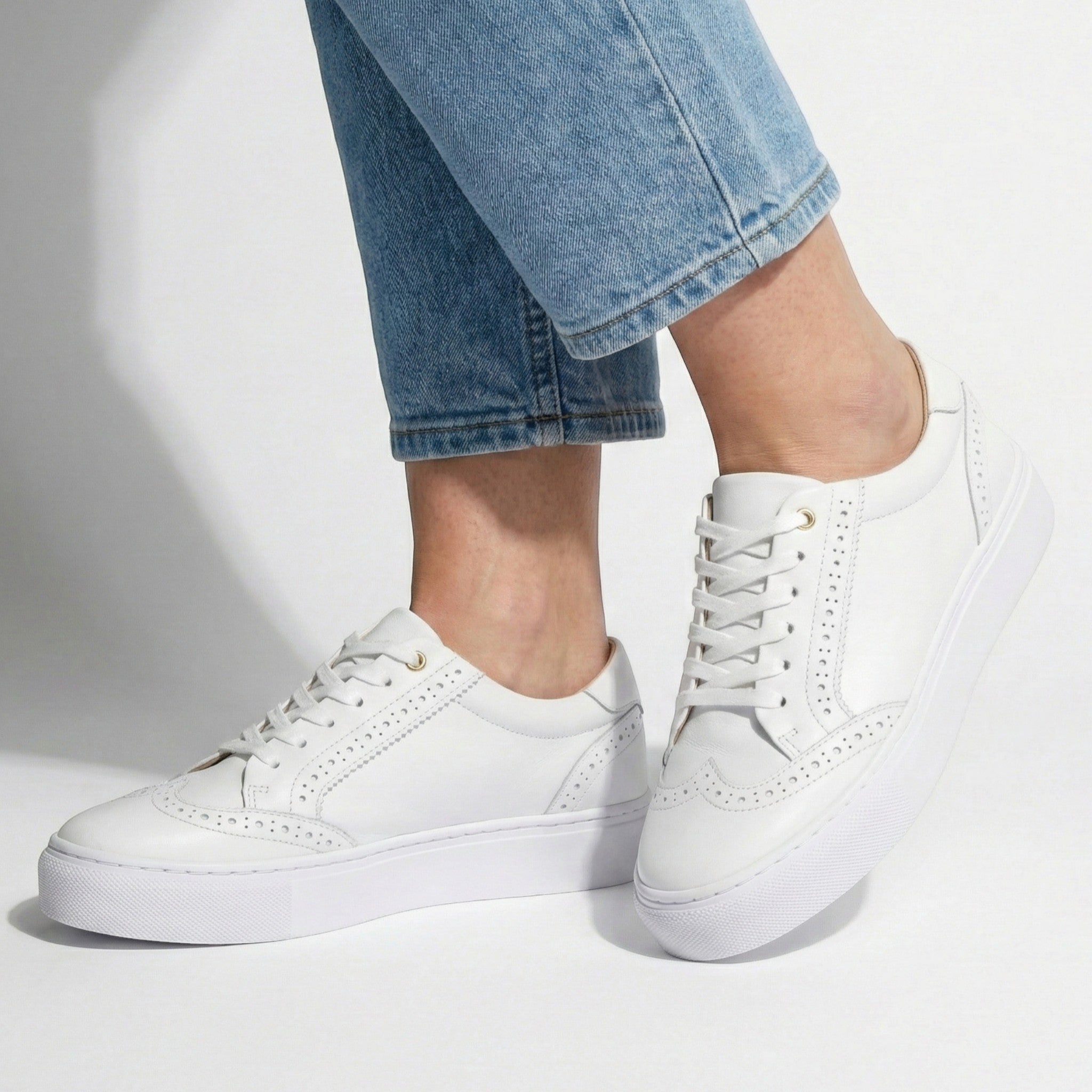 Ava - Women's Lace - Up Sneaker with Brogue Detail - Shoes - White - Parker&Brooks