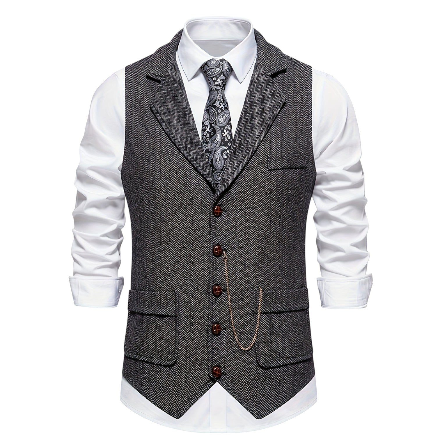 Men's Tweed Herringbone Vest with Notch Lapel and Six-Button Front