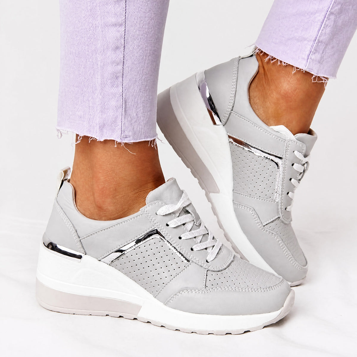 Alice - Women's Orthopedic Wedge Sneakers with Metallic Panel Detail
