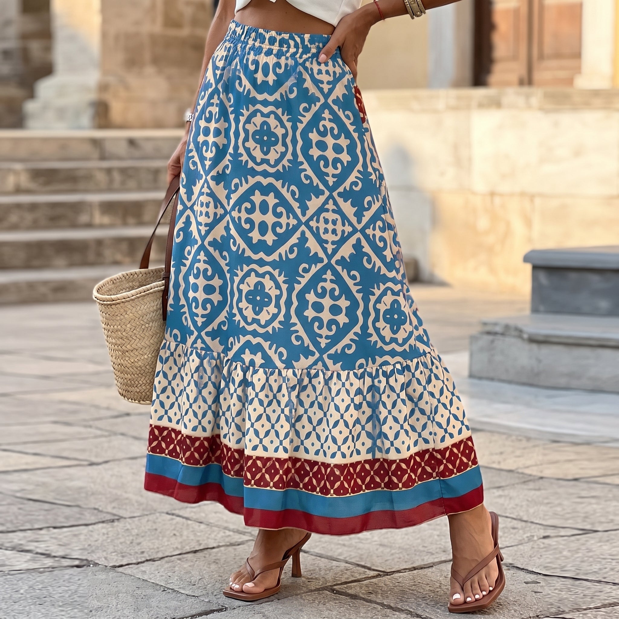 Beatrice - Women's Summer Printed Tiered Ruffle Maxi Skirt - Skirts - Blue - Parker&Brooks