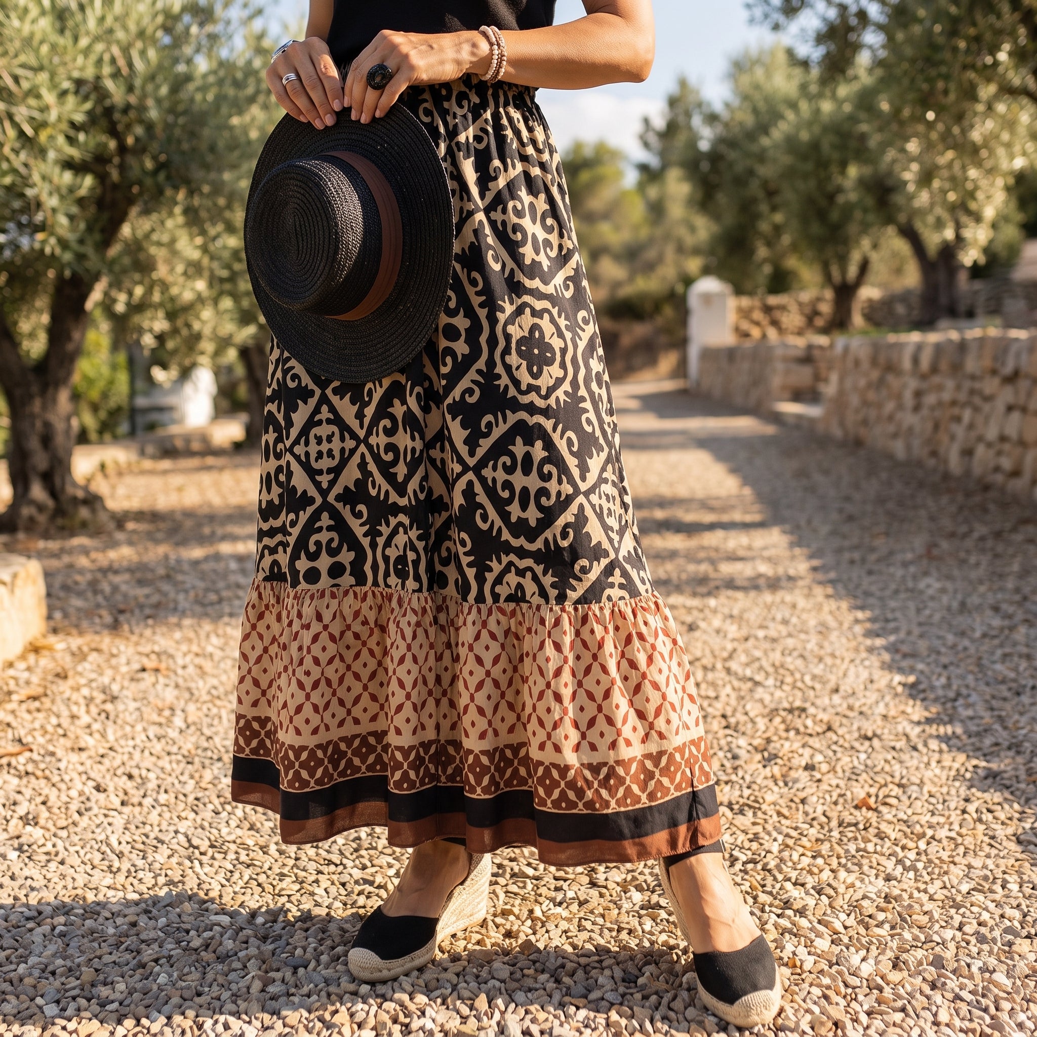 Beatrice - Women's Summer Printed Tiered Ruffle Maxi Skirt - Skirts - Black - Parker&Brooks