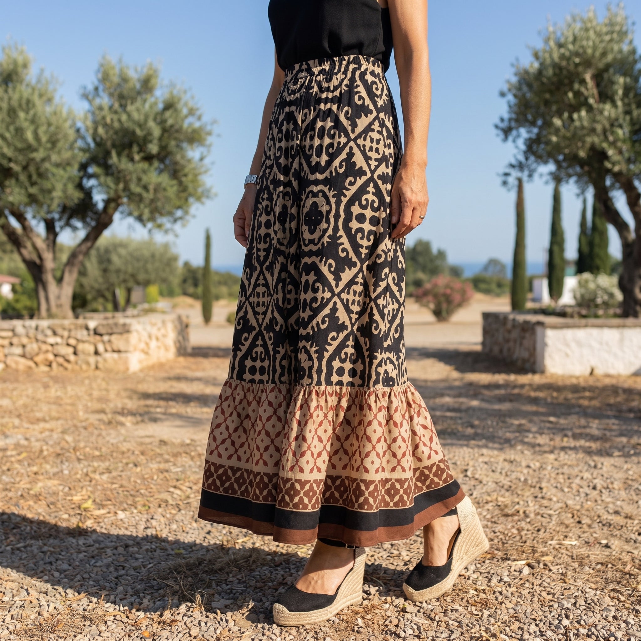 Beatrice - Women's Summer Printed Tiered Ruffle Maxi Skirt - Skirts - Black - Parker&Brooks