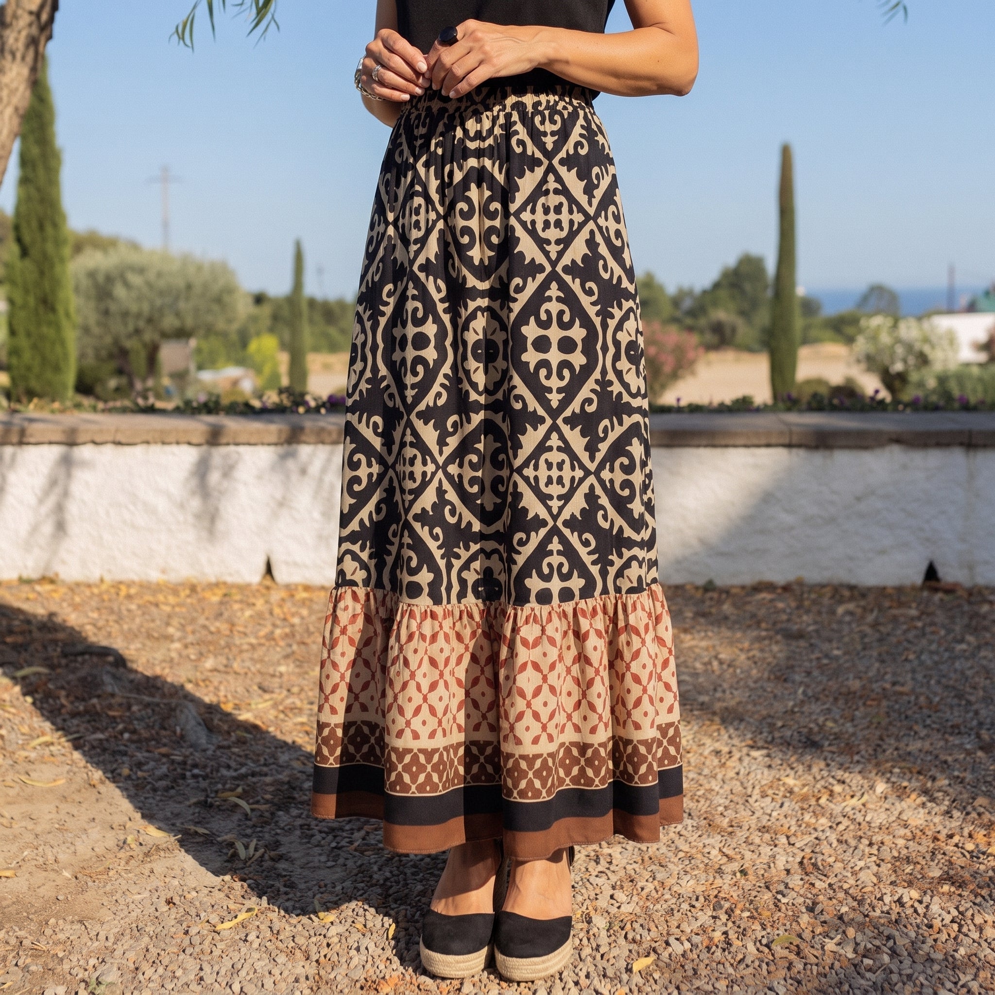 Beatrice - Women's Summer Printed Tiered Ruffle Maxi Skirt - Skirts - Black - Parker&Brooks