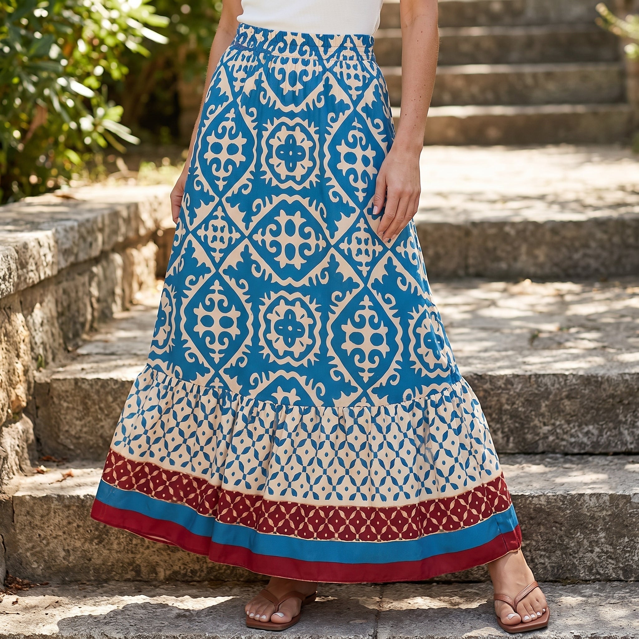 Beatrice - Women's Summer Printed Tiered Ruffle Maxi Skirt - Skirts - Blue - Parker&Brooks