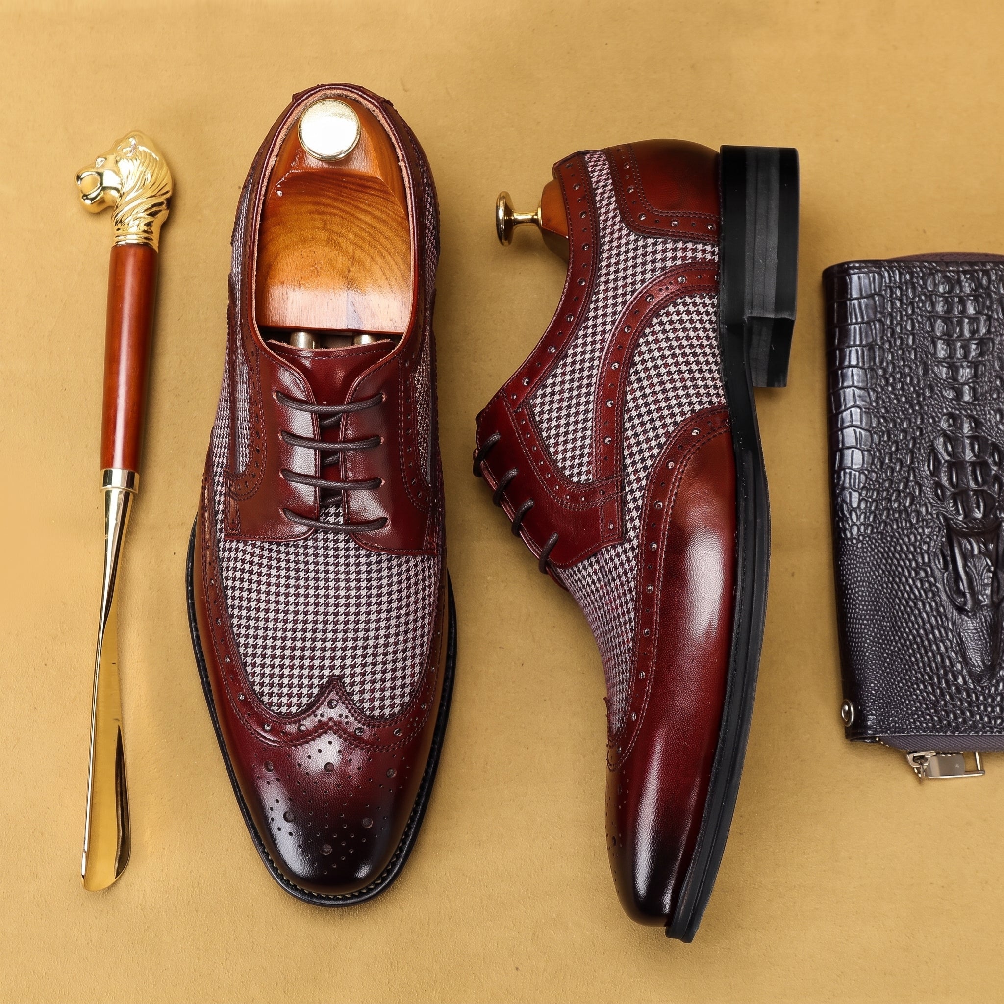 Benjamin - Casual Men's Wingtip Brogue Derby Shoes - Shoes - Red - Parker&Brooks
