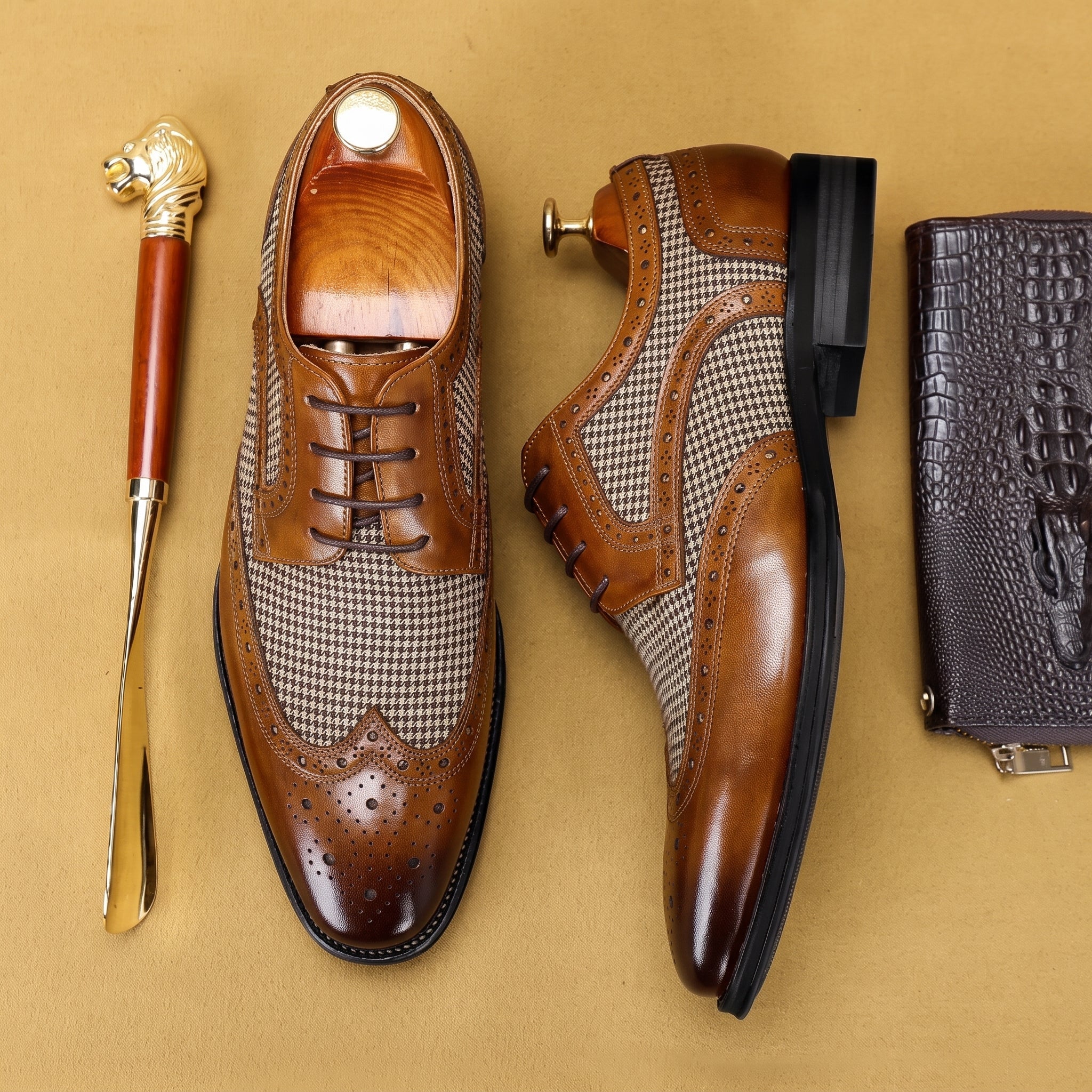 Benjamin - Casual Men's Wingtip Brogue Derby Shoes - Shoes - Camel - Parker&Brooks