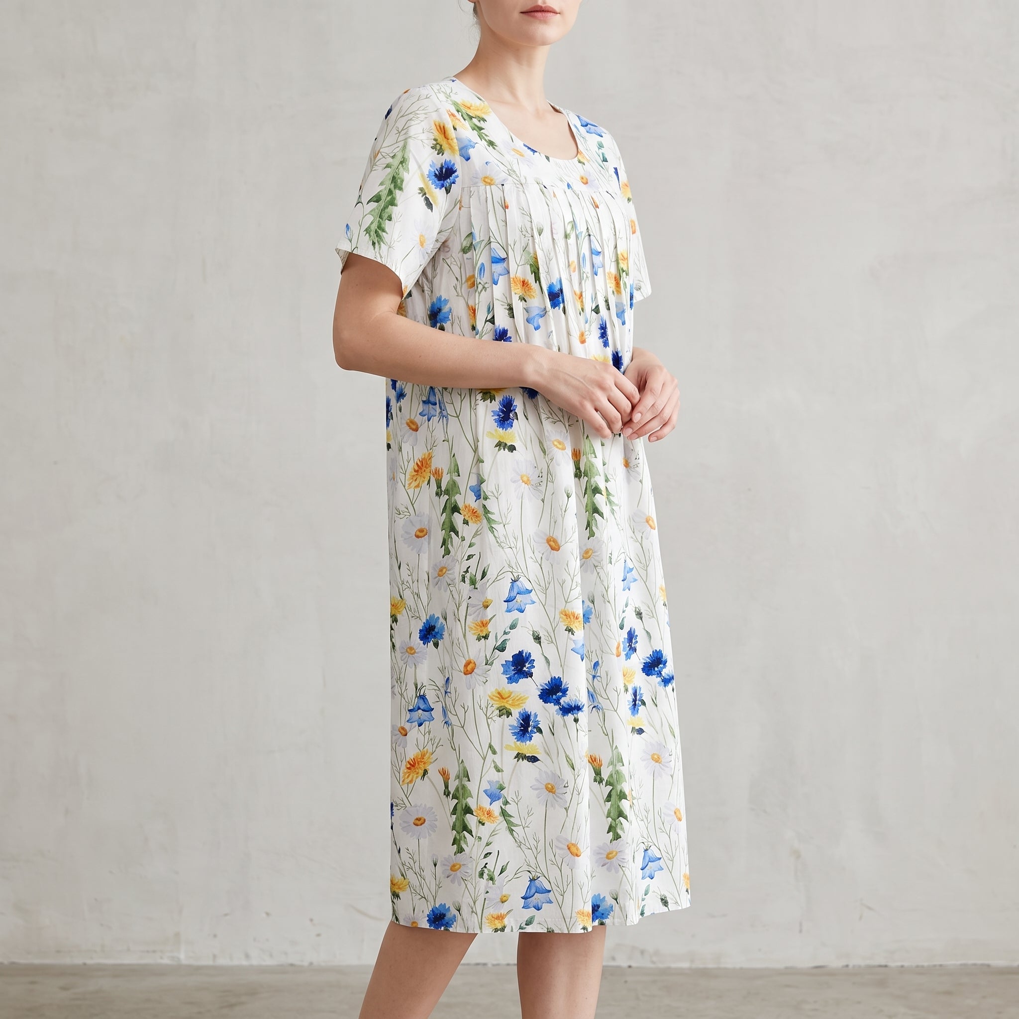 Bertha - Women's Summer Floral Scoop Neck Pleated Midi Dress - Dresses - White - Parker&Brooks