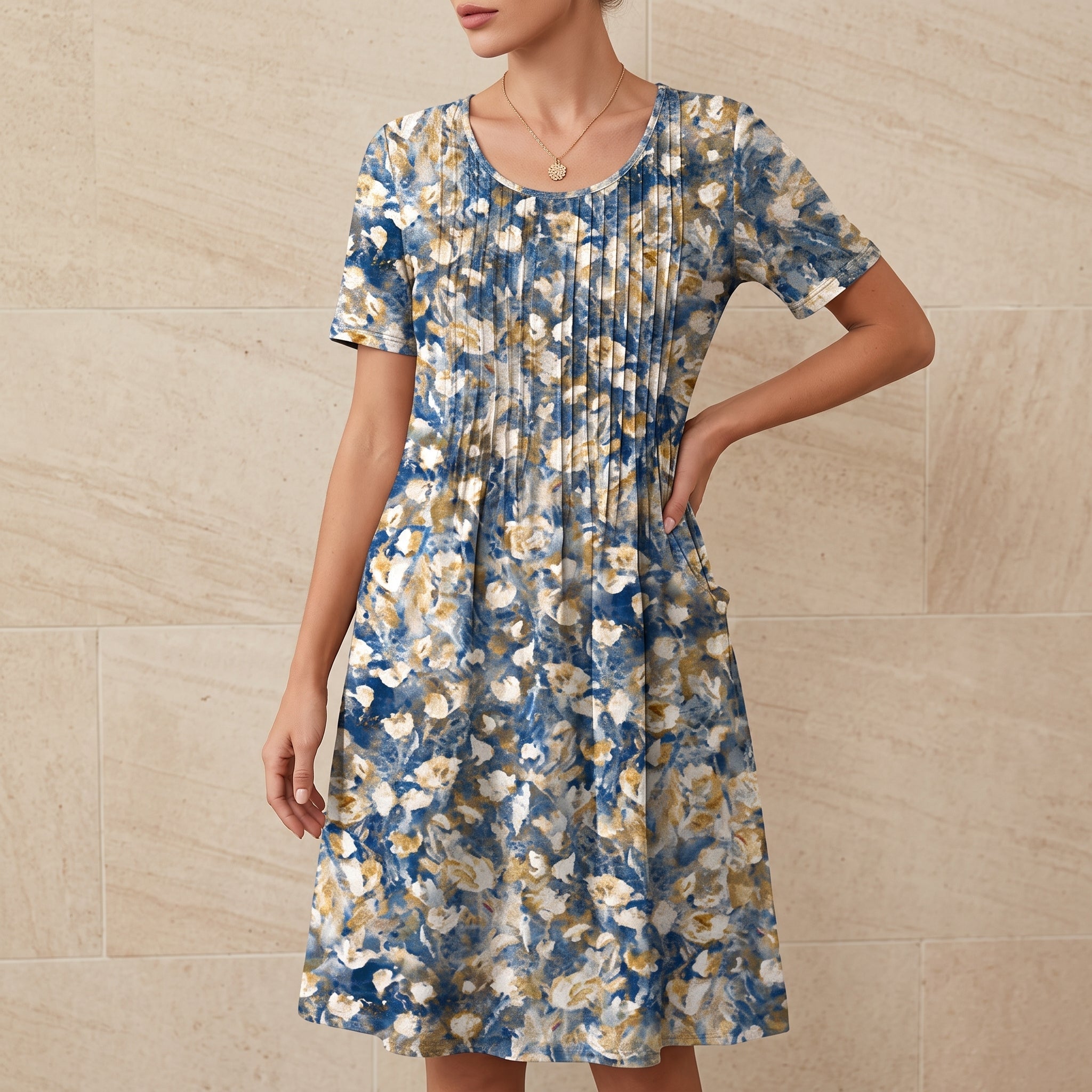 Bertha - Women's Summer Floral Scoop Neck Pleated Midi Dress - Dresses - Yellow - Parker&Brooks