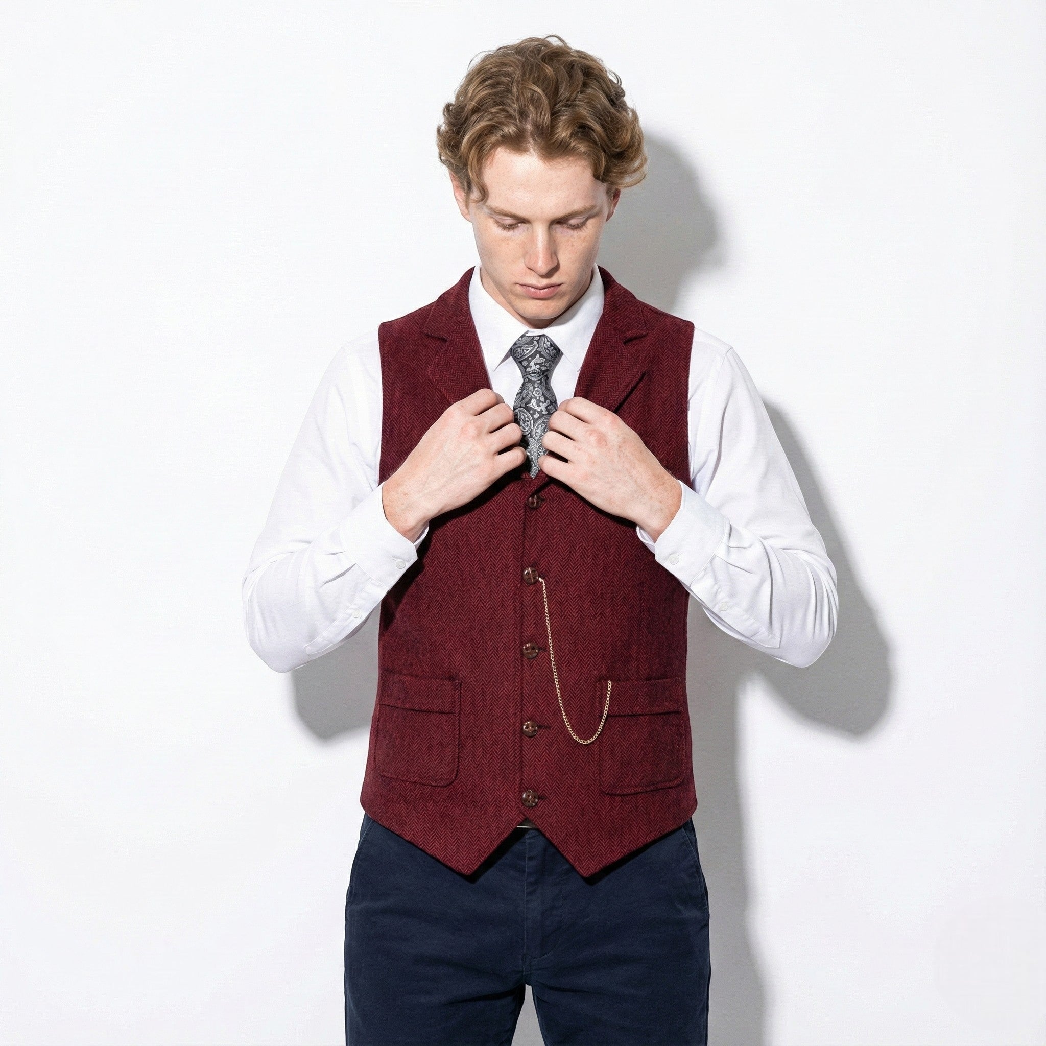 Men's Tweed Herringbone Vest with Notch Lapel and Six-Button Front