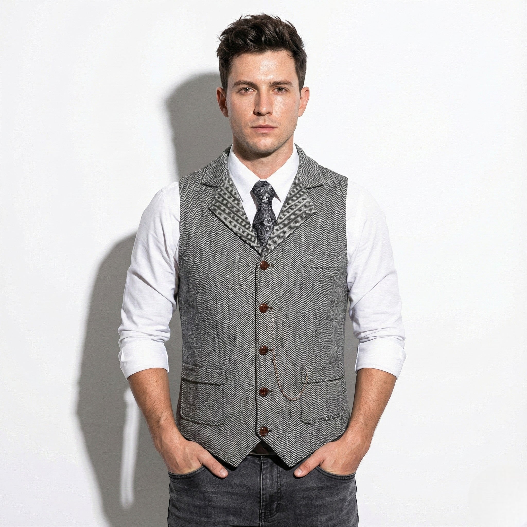Men's Tweed Herringbone Vest with Notch Lapel and Six-Button Front