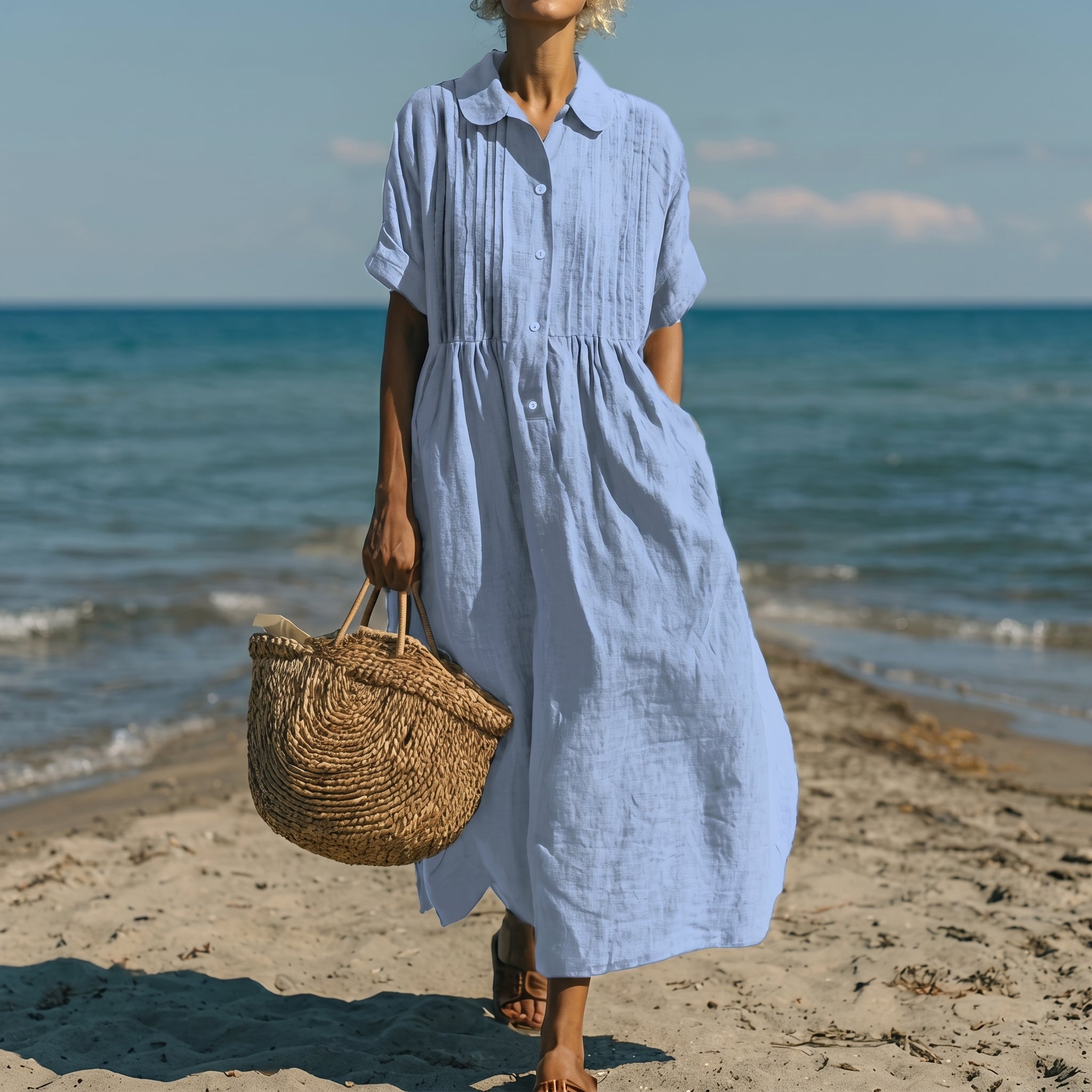 Brigitte - Women's Summer Pintuck Midi Shirt Dress