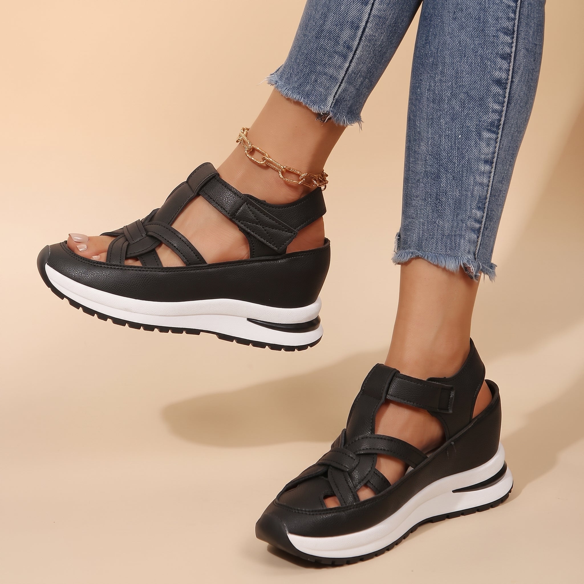 Carolina - Women's Orthopedic Cut-Out Strap Platform Sandals - Sandals - Black - Parker&Brooks