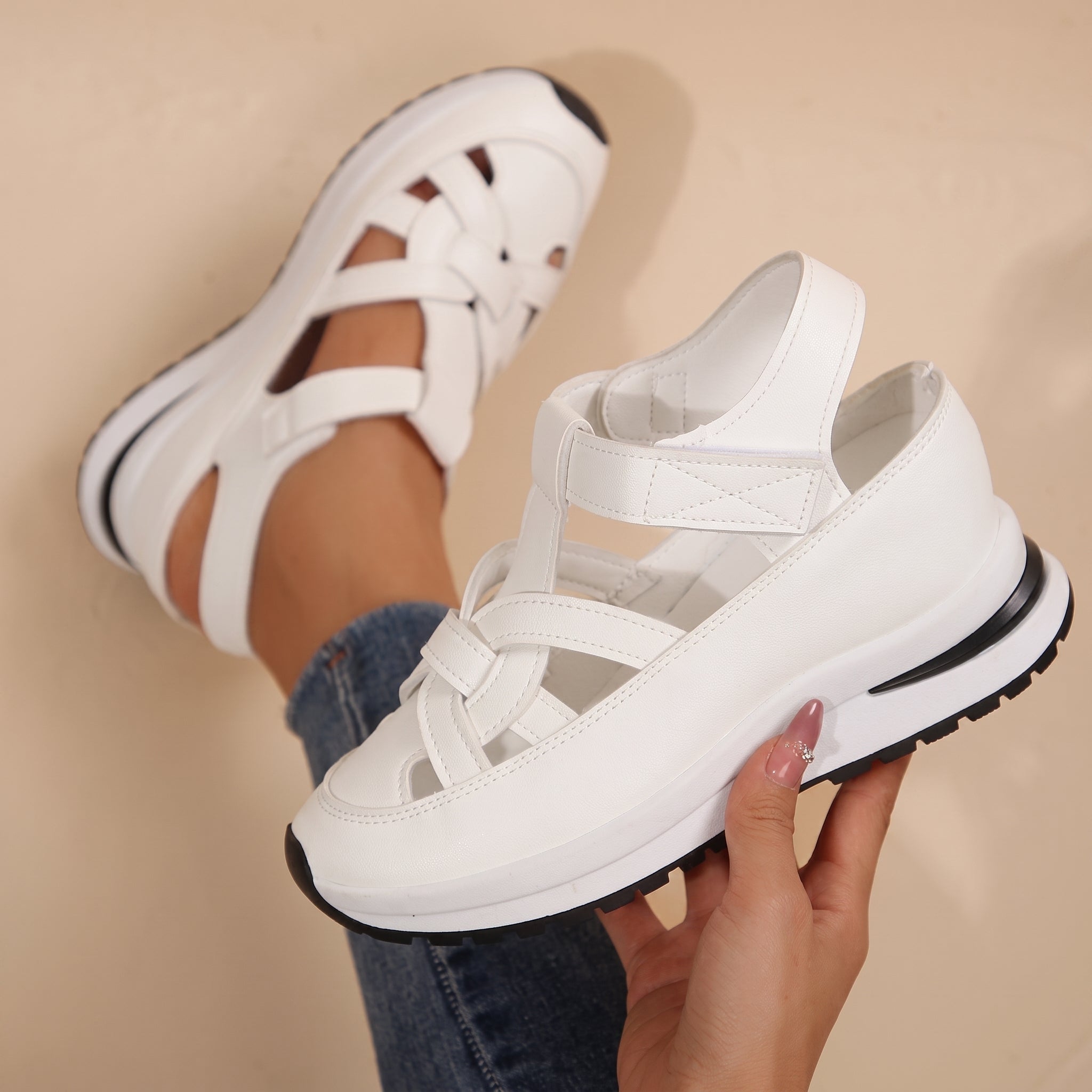 Carolina - Women's Orthopedic Cut-Out Strap Platform Sandals - Sandals - White - Parker&Brooks