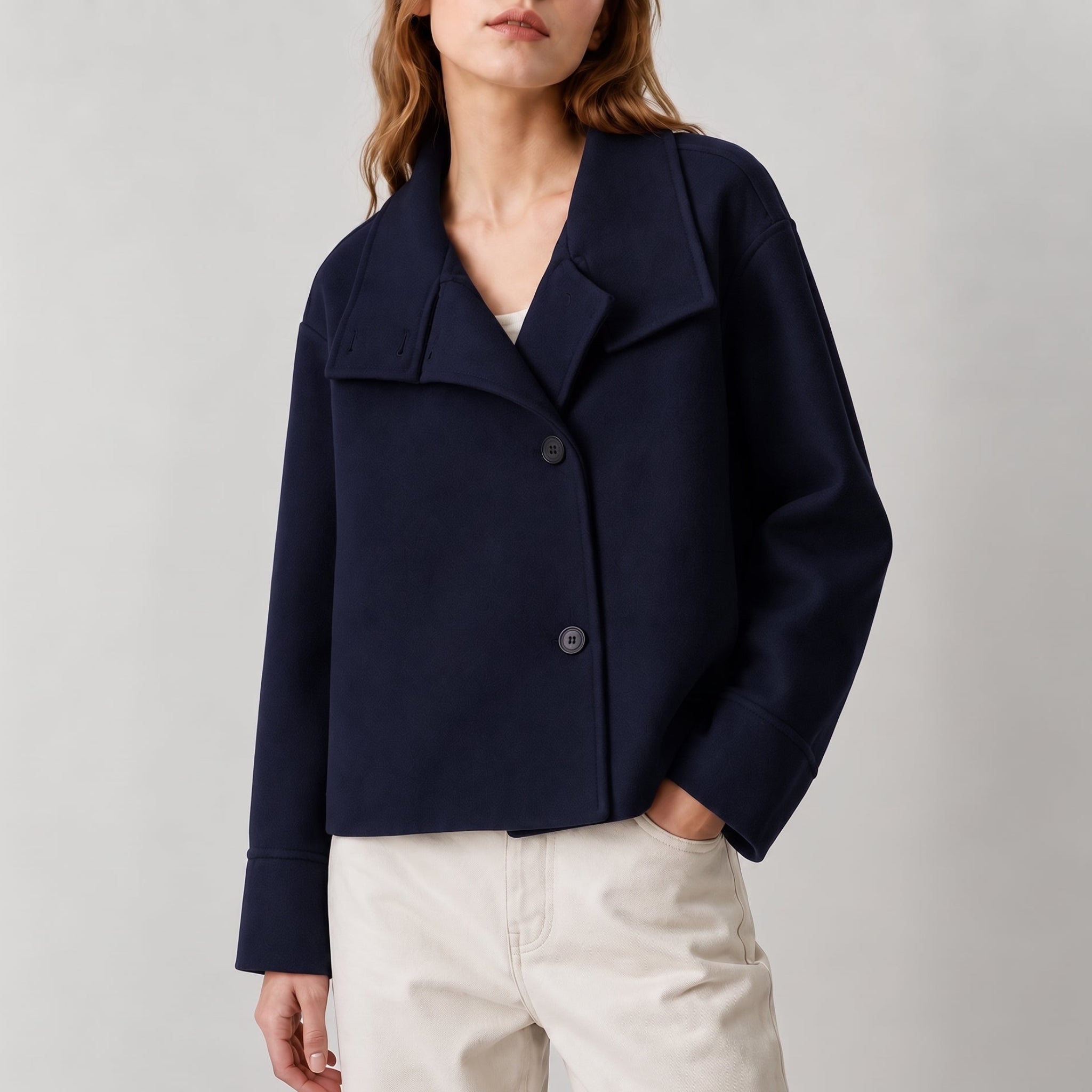 Charlotte - Women's Boxy Cropped Funnel Neck Coat - Overcoats - Navy Blue - Parker&Brooks