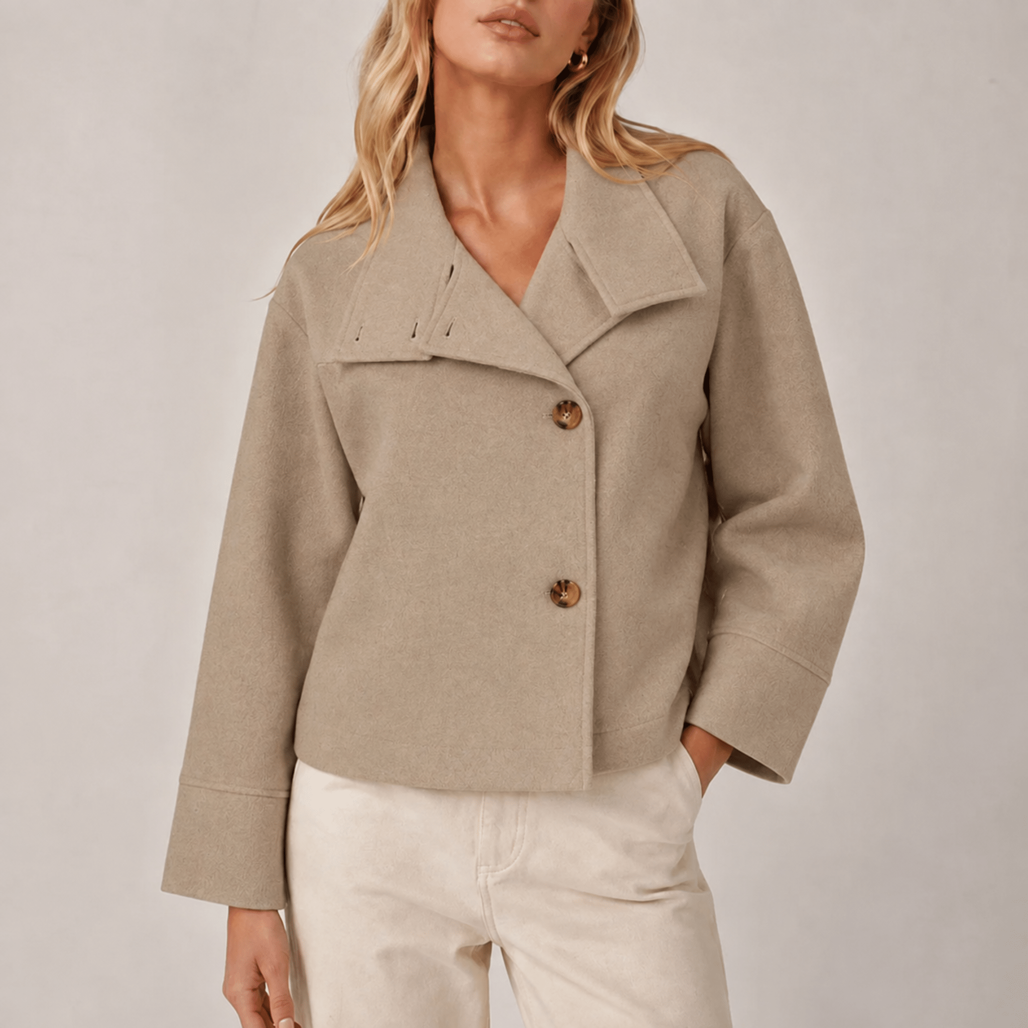 Charlotte - Women's Boxy Cropped Funnel Neck Coat - Overcoats - Beige - Parker&Brooks