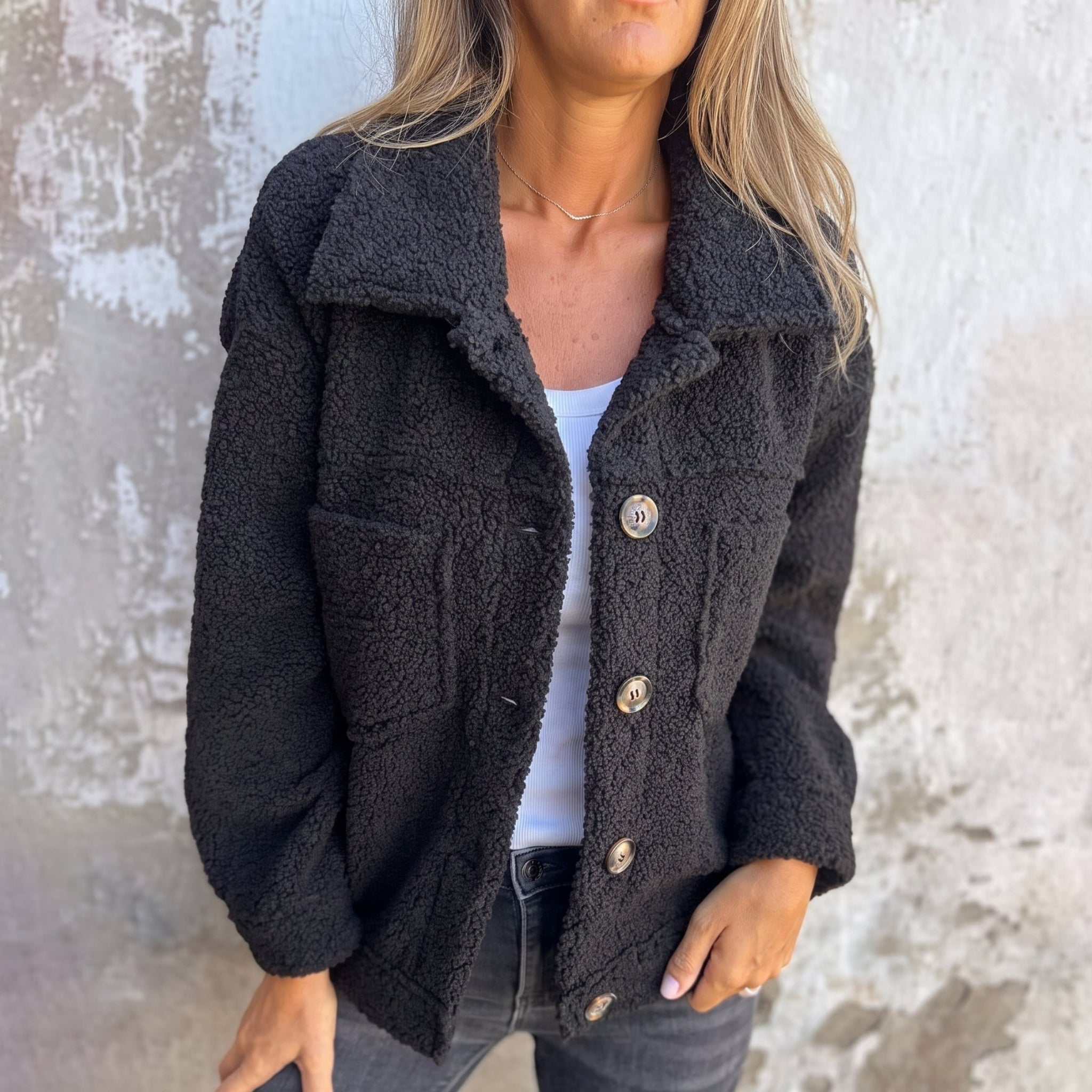 Charlotte - Women's Boxy Textured Jacket with Wide Collar - Jackets - Black - Parker&Brooks