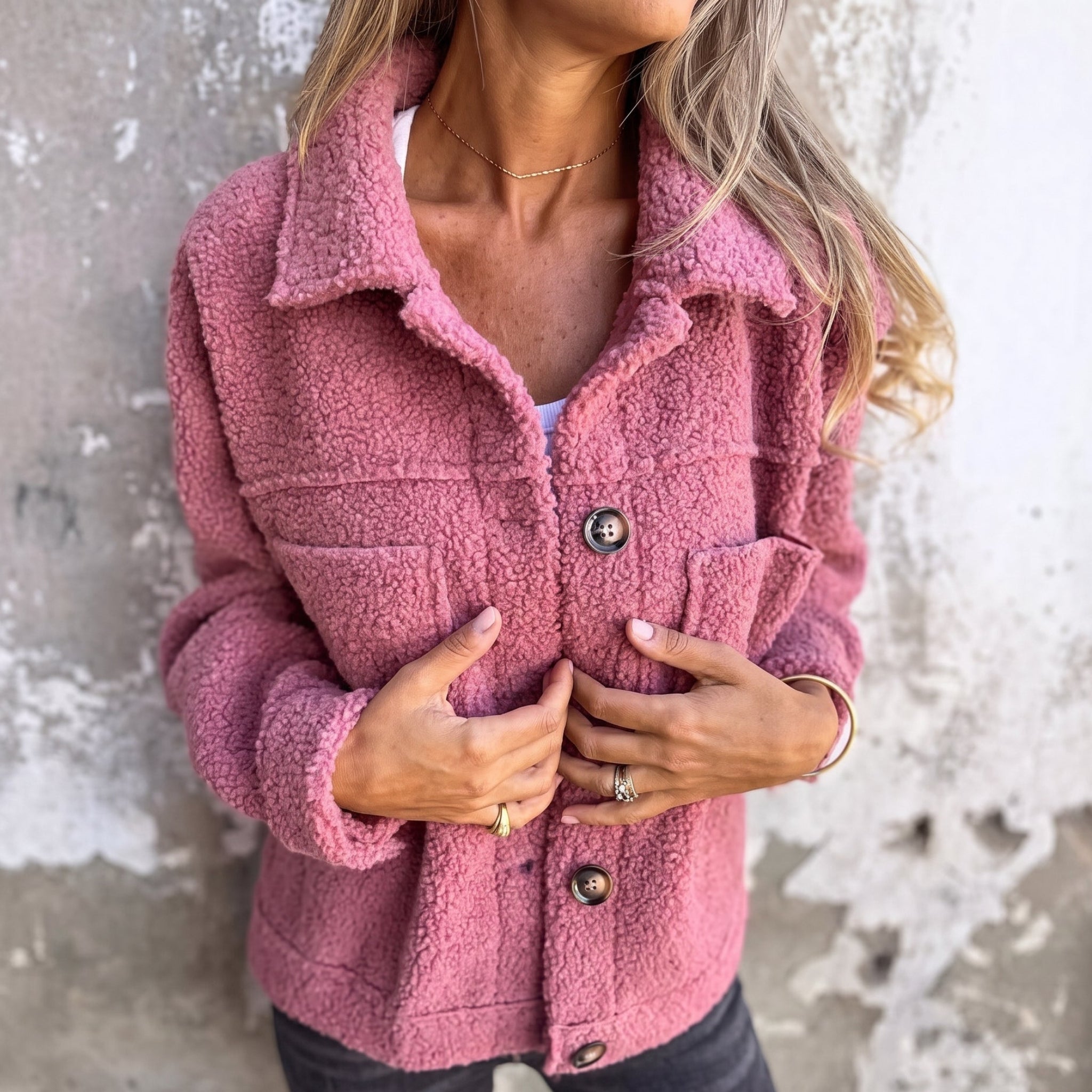 Charlotte - Women's Boxy Textured Jacket with Wide Collar - Jackets - Pink - Parker&Brooks
