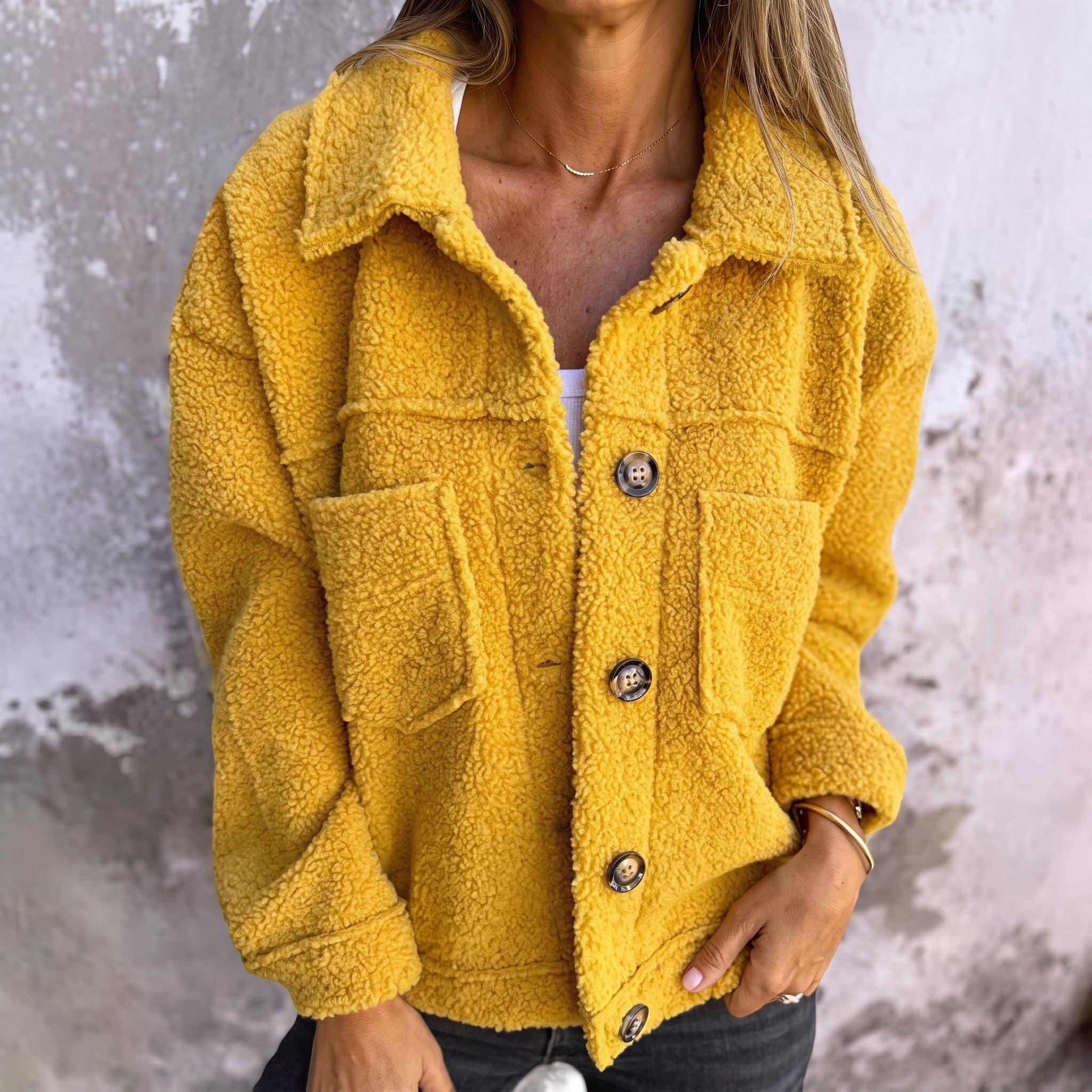 Charlotte - Women's Boxy Textured Jacket with Wide Collar - Jackets - Yellow - Parker&Brooks